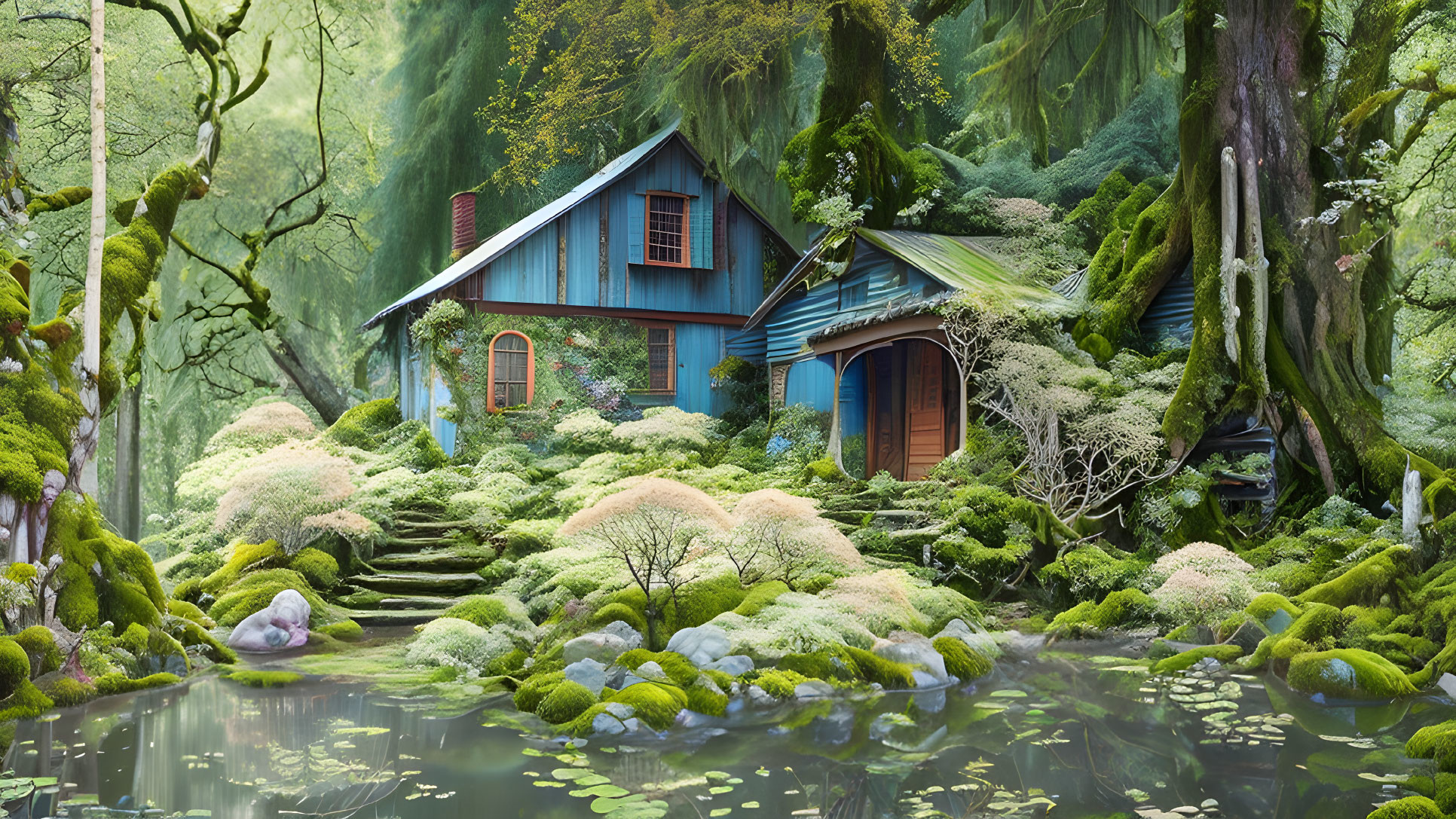 Blue Cottage Surrounded by Mossy Forest and Pond