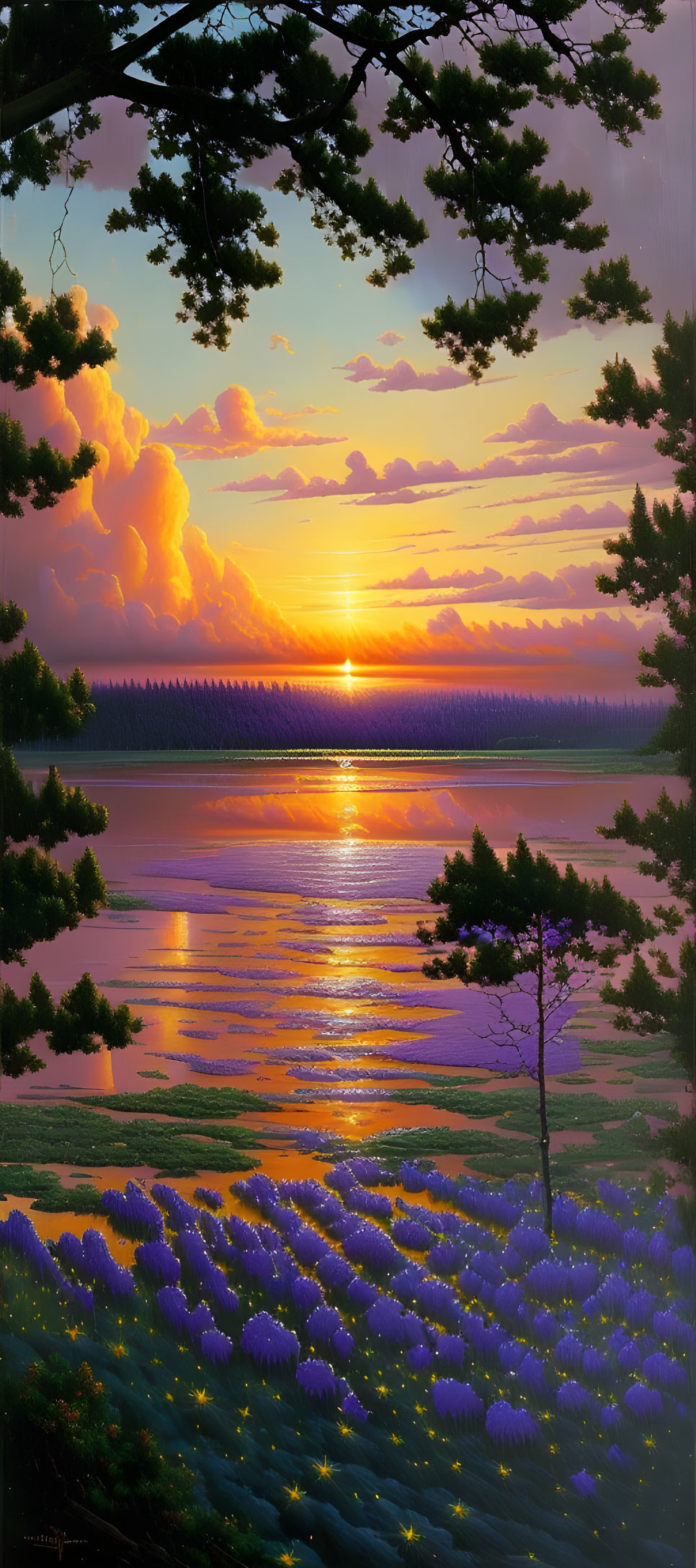 Colorful sunset over serene lake with purple flowers and silhouetted pine trees