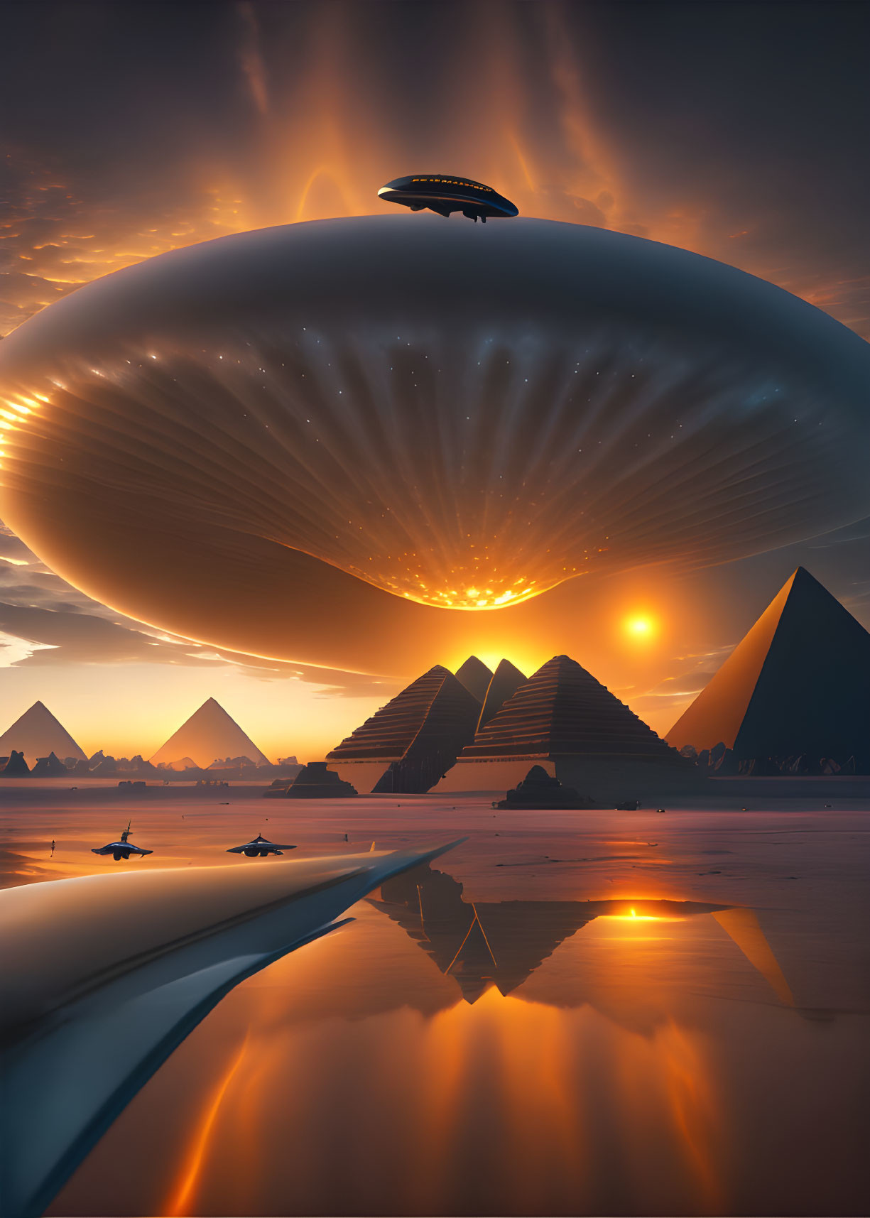 Giant spaceship hovers over pyramids at sunset with smaller ships flying around