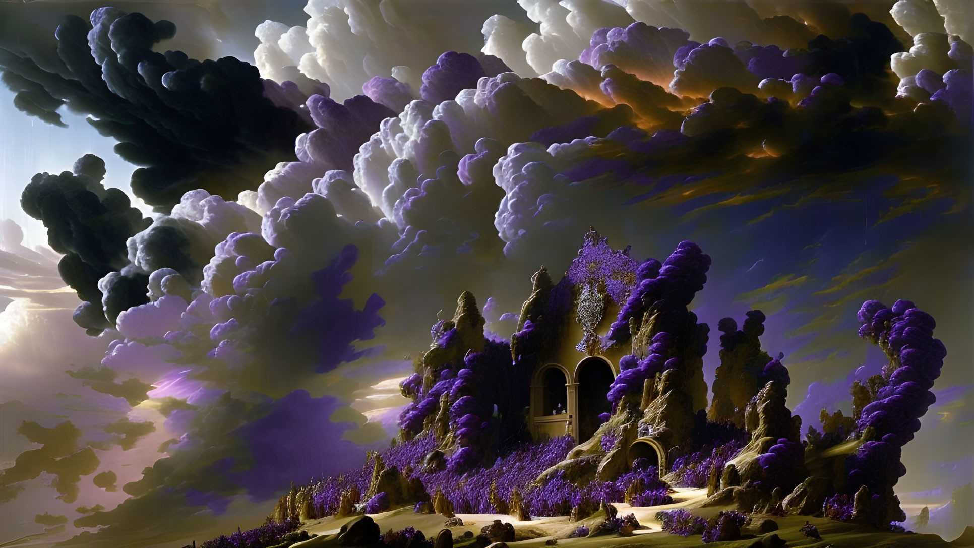 Fantastical landscape with purple clouds and castle.