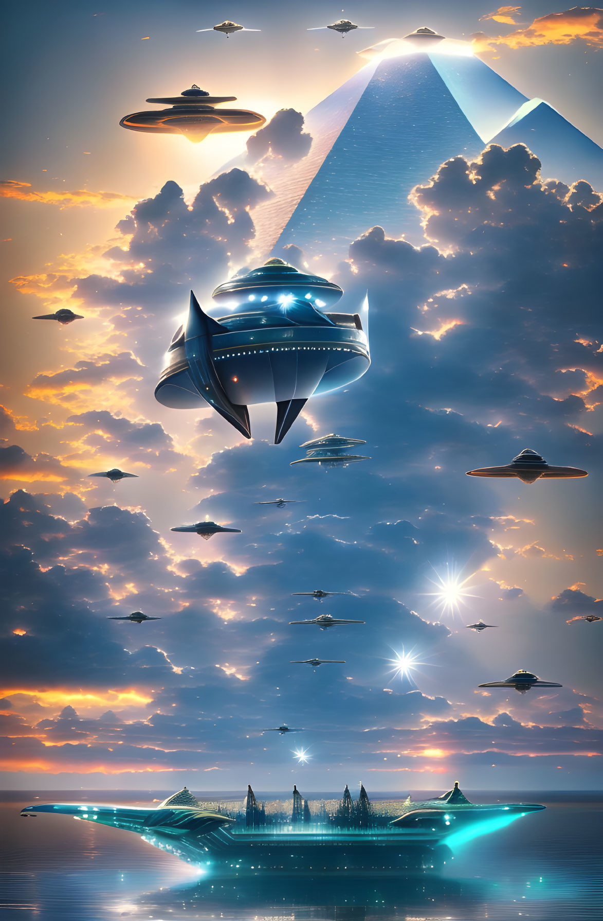 Advanced cities and hovering spaceships above an ocean with a glowing pyramid in a futuristic scene