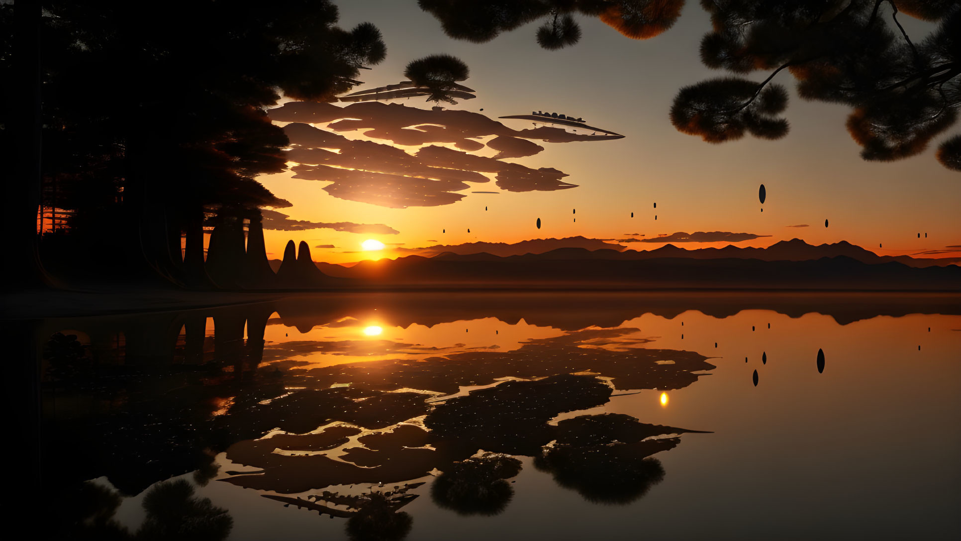 Tranquil sunset scene with orange hues over a lake, silhouetted trees, mountains,