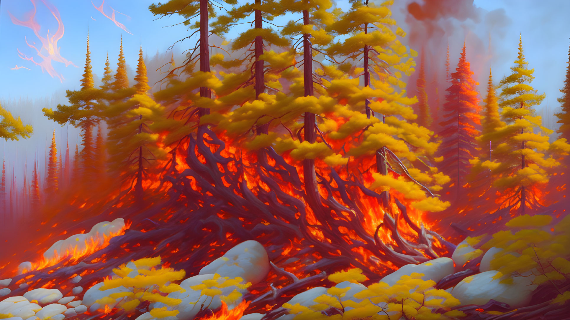 Forest Fire Illustration: Intense Flames, Smoke, Embers