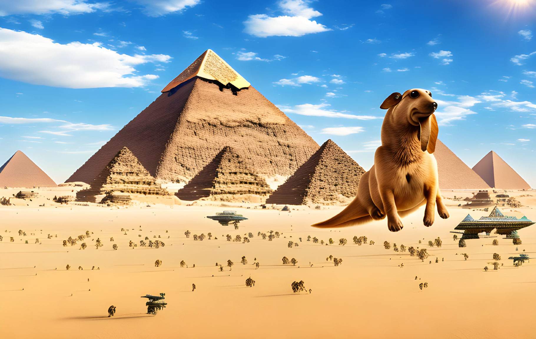 Surreal flying dog in front of Egyptian pyramids with silhouetted figures and flying crafts