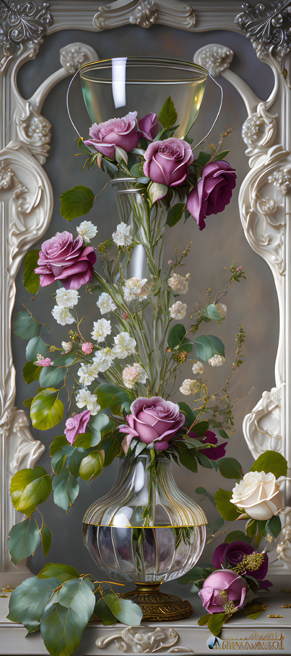 Purple Roses, White Blossoms, and Greenery in Ornate Frame with Martini Glass and Solo