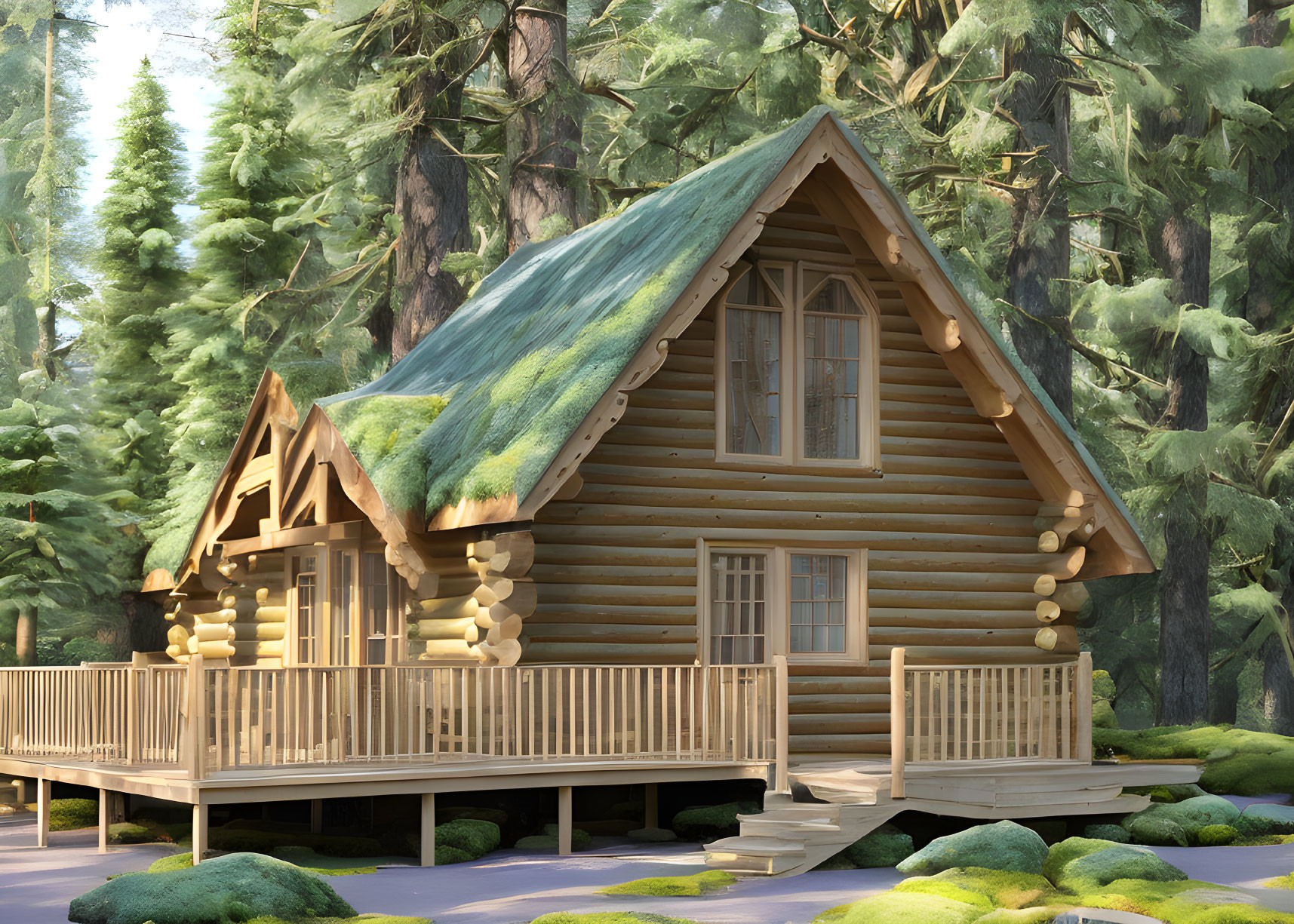 Wooden Cabin with Green Roof Surrounded by Pine Trees