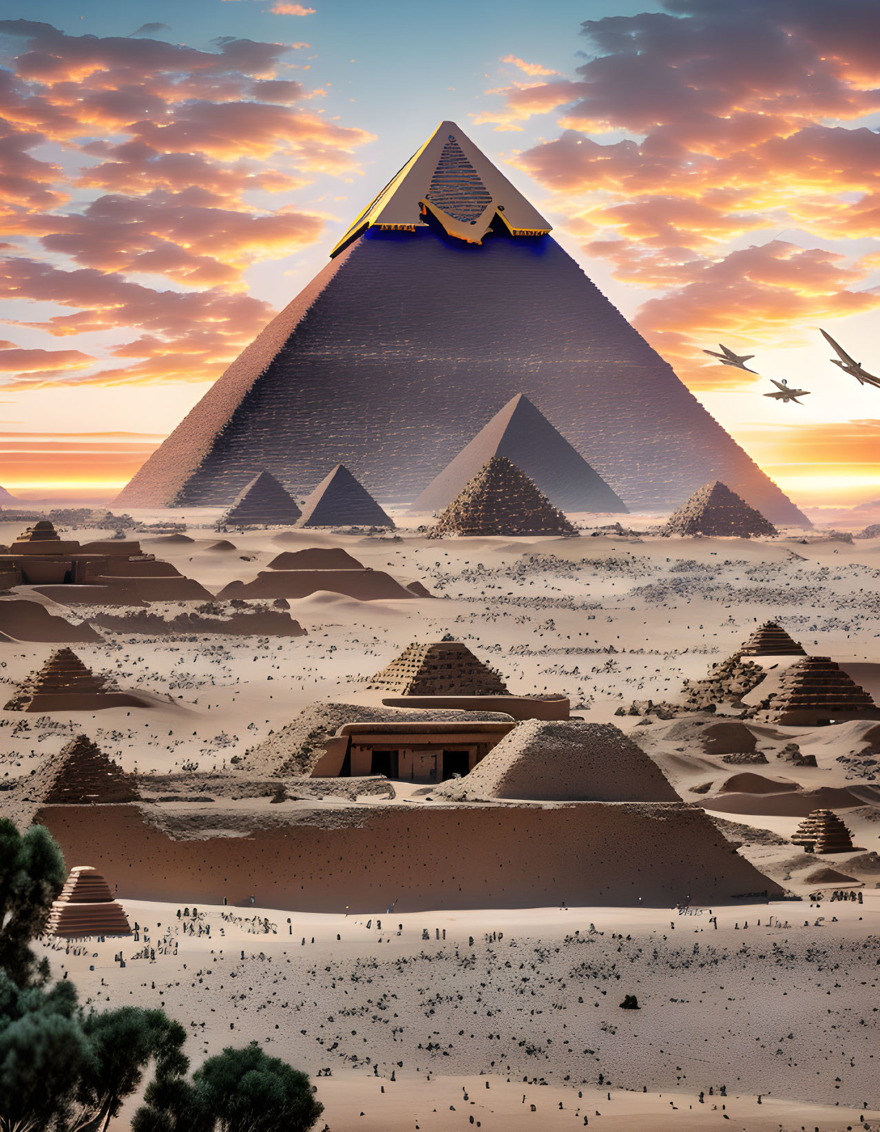 Surreal landscape with multiple pyramids under dramatic sunset sky