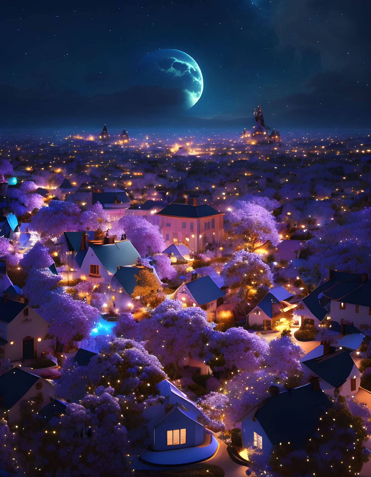 Town Night Scene: Illuminated Houses, Purple Trees, Starry Sky, Moon, Castles