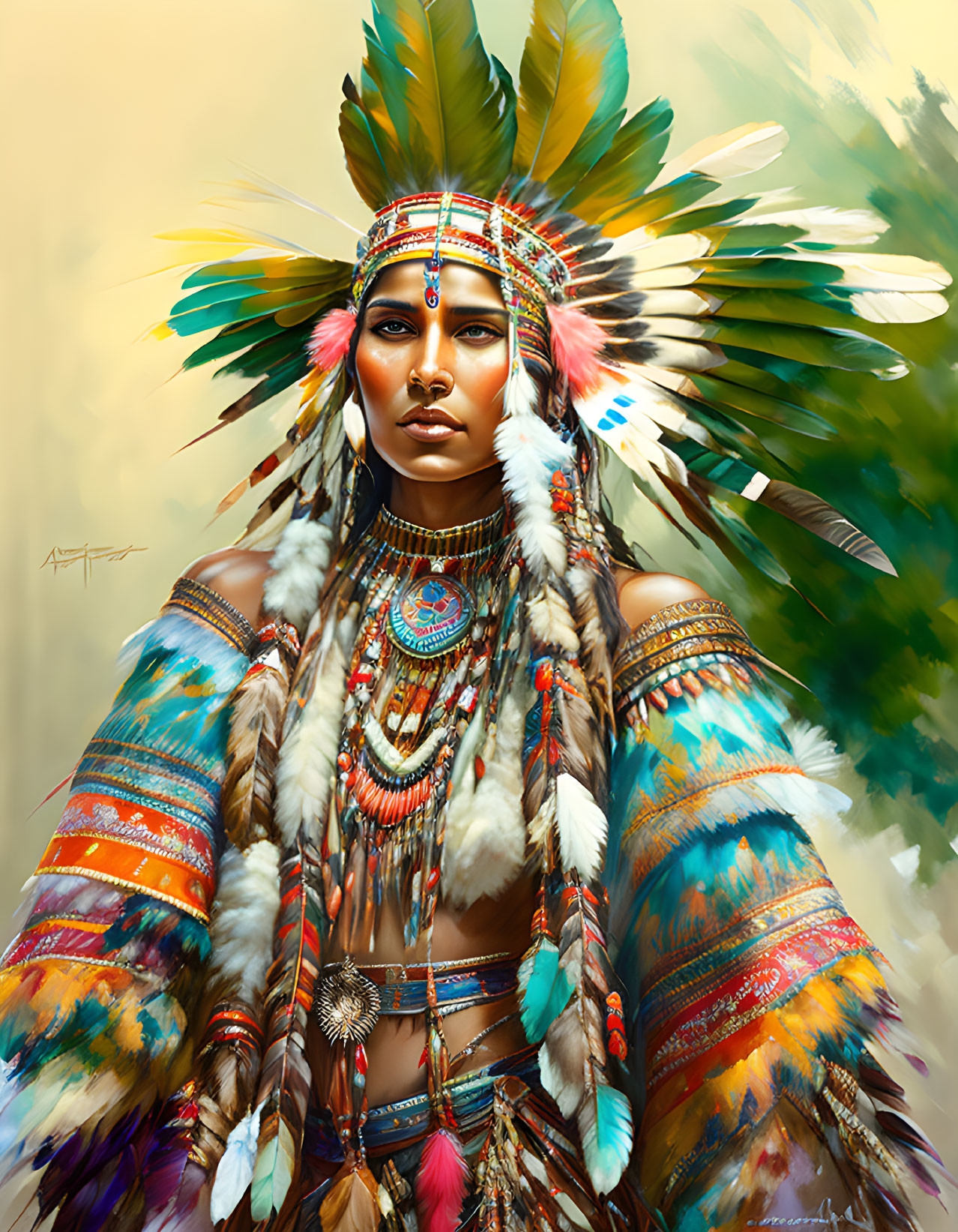 Native American Attire Digital Artwork: Woman in Vibrant Headdress