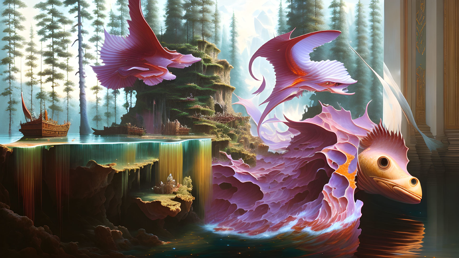 Vividly colored flying fish over forested island with waterfalls and classical architecture