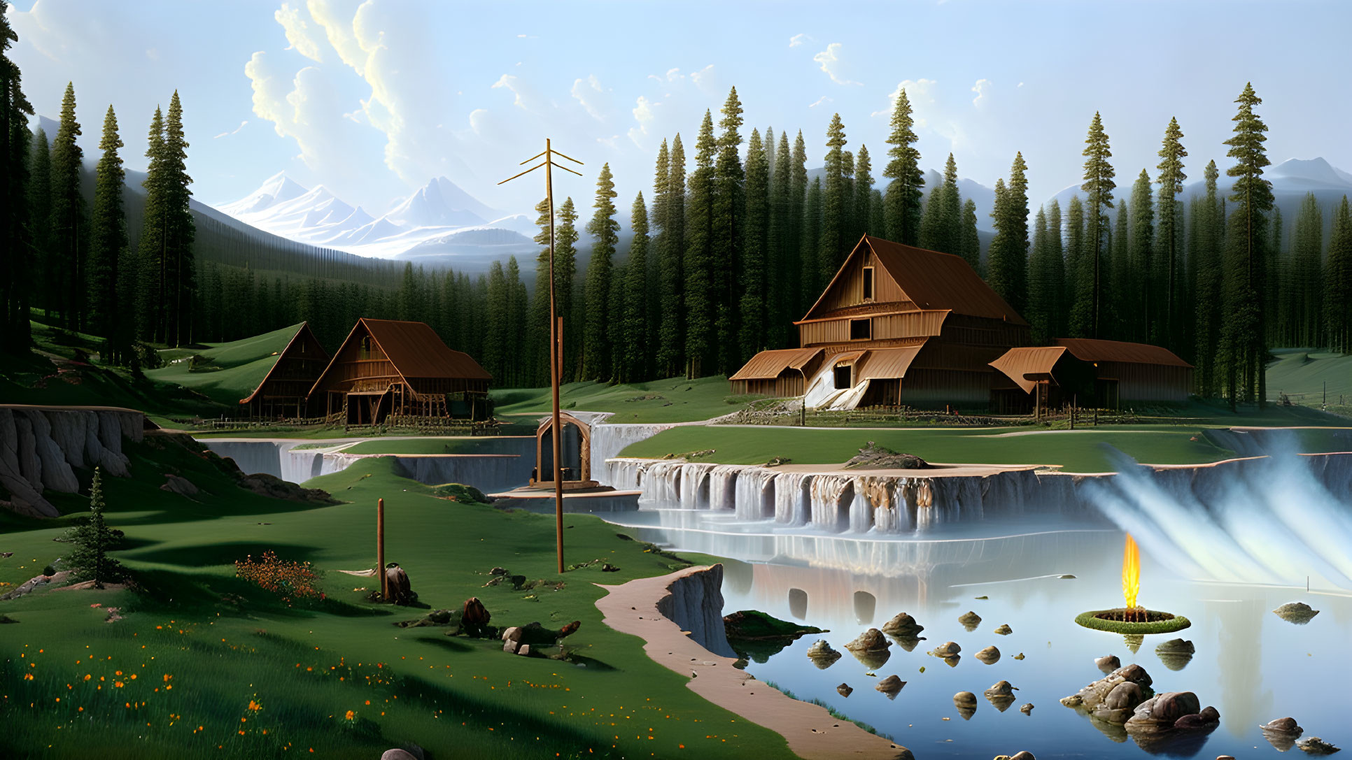 Tranquil landscape with wooden cabin, waterfall, pine trees, and mountains