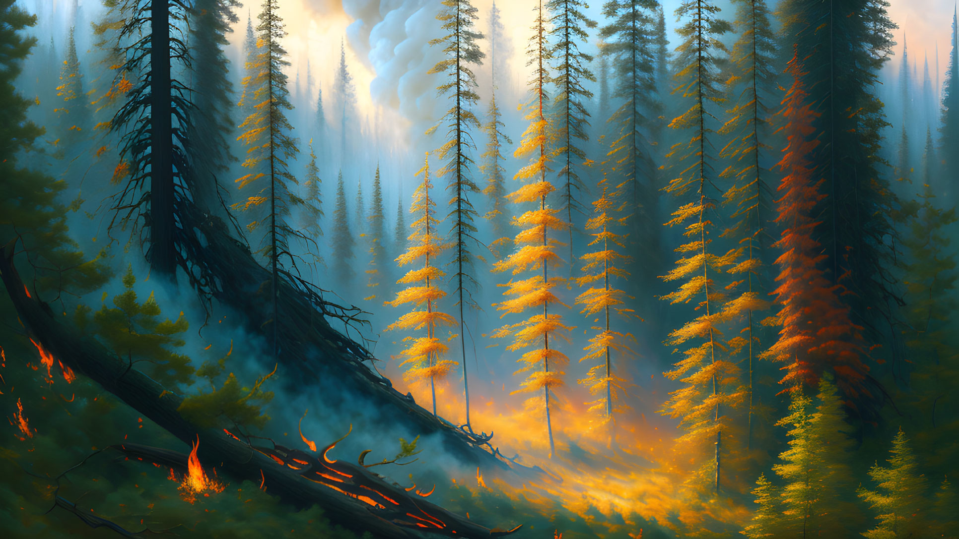 Majestic forest scene with tall trees, golden sunlight, mist, and smoldering fires