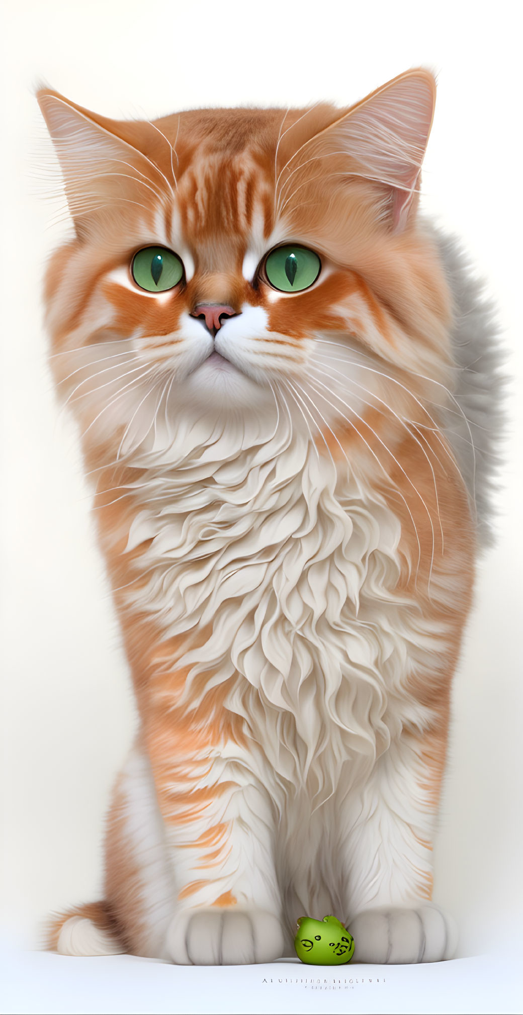 Fluffy orange and white cat with green eyes and toy mouse on white background