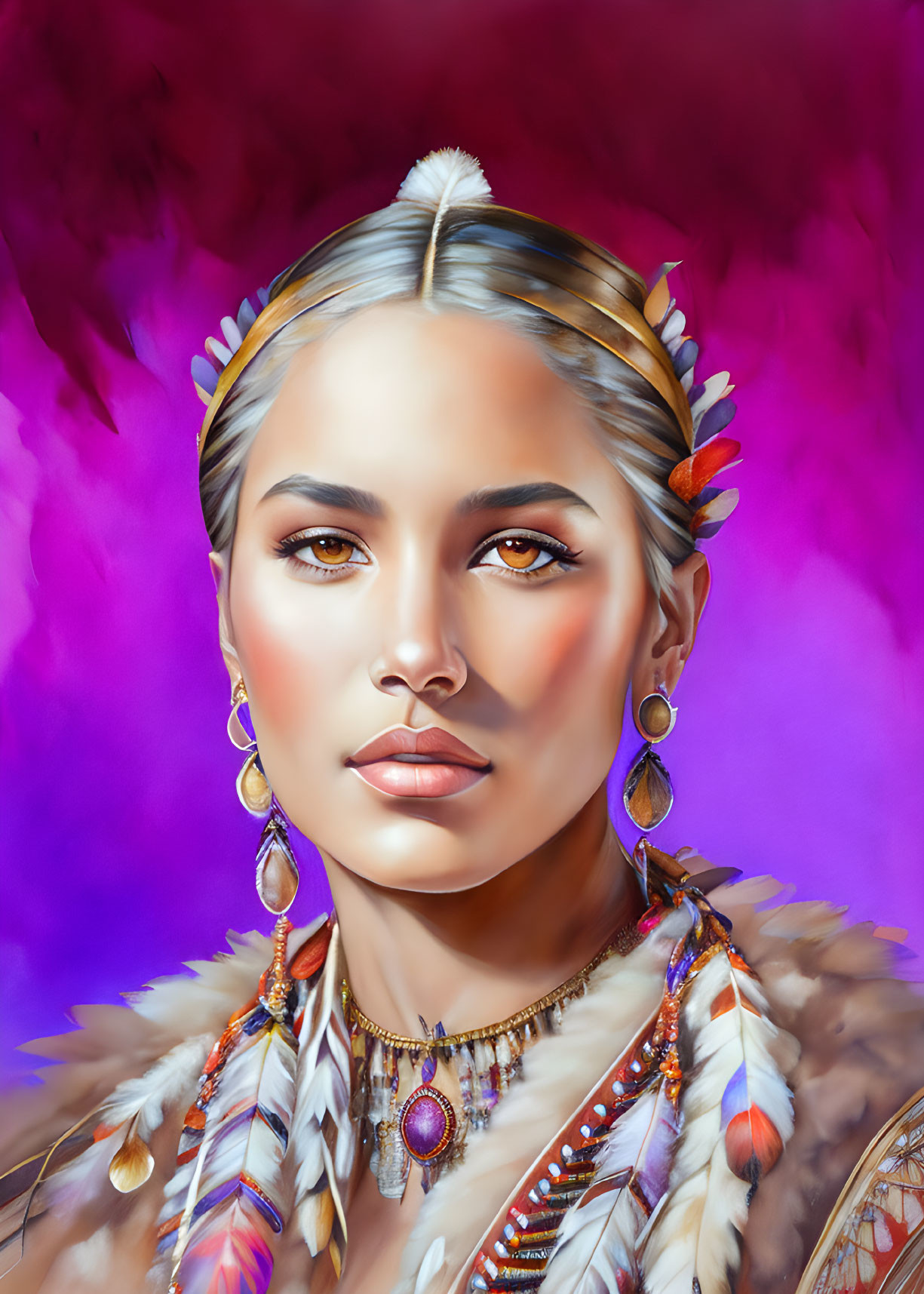 Woman in indigenous attire: feather adornments, hoop earrings, beaded necklace on pink background