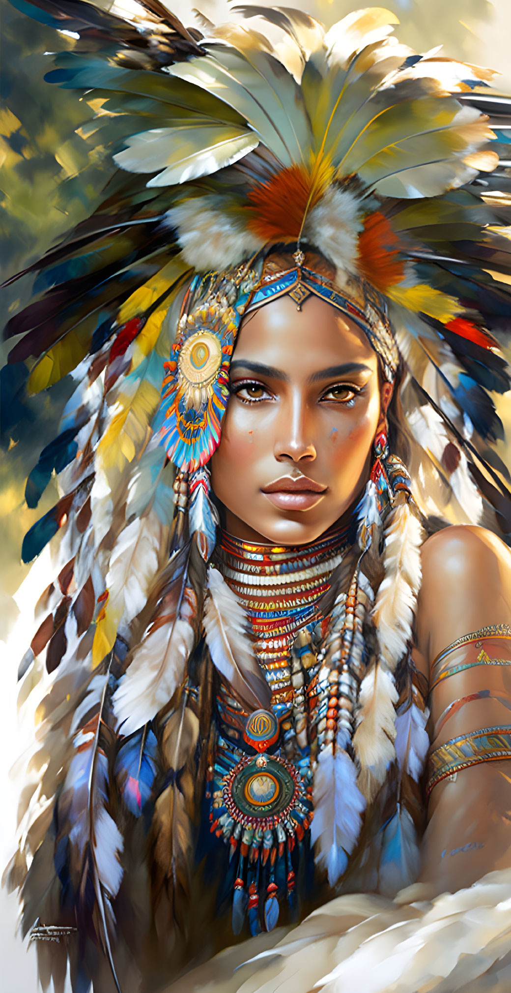 Portrait of a woman in Native American headdress and jewelry