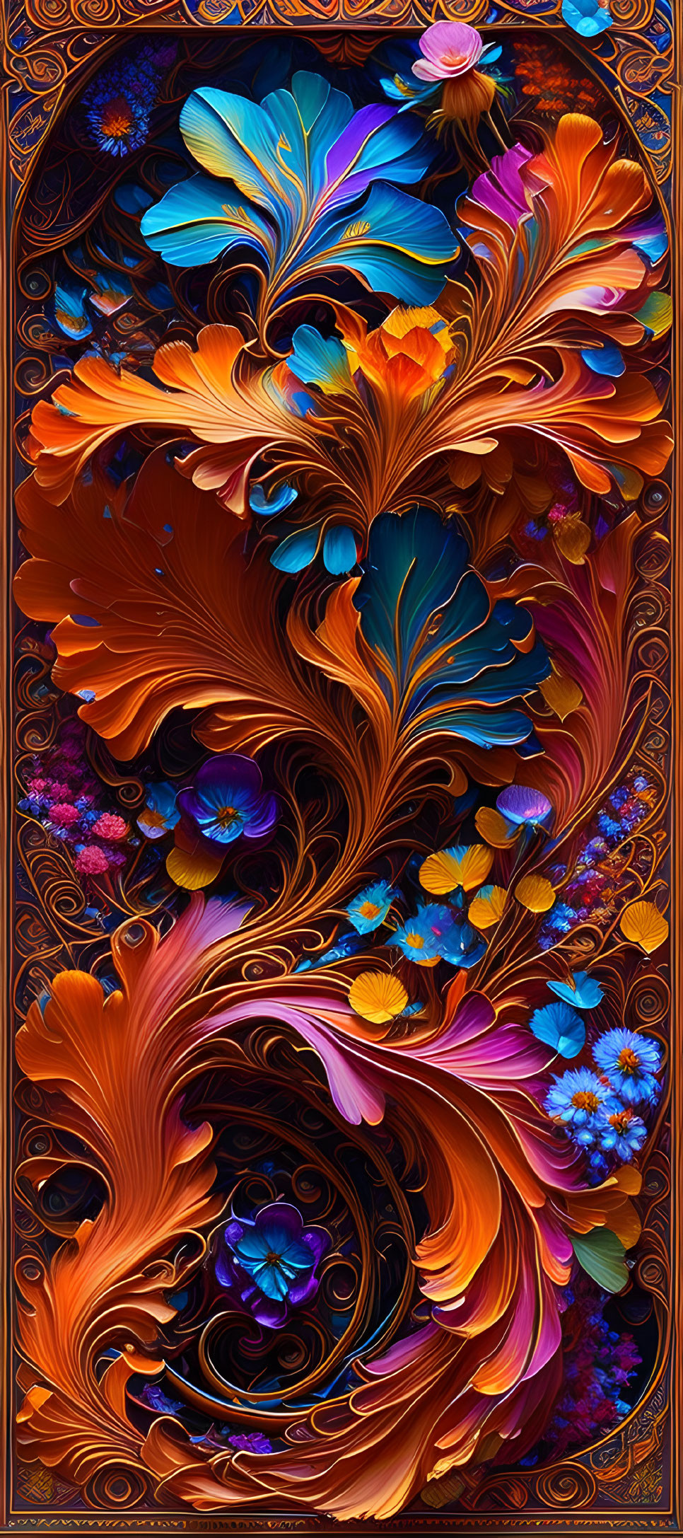 Symmetrical floral digital art in vibrant blues, oranges, and purples