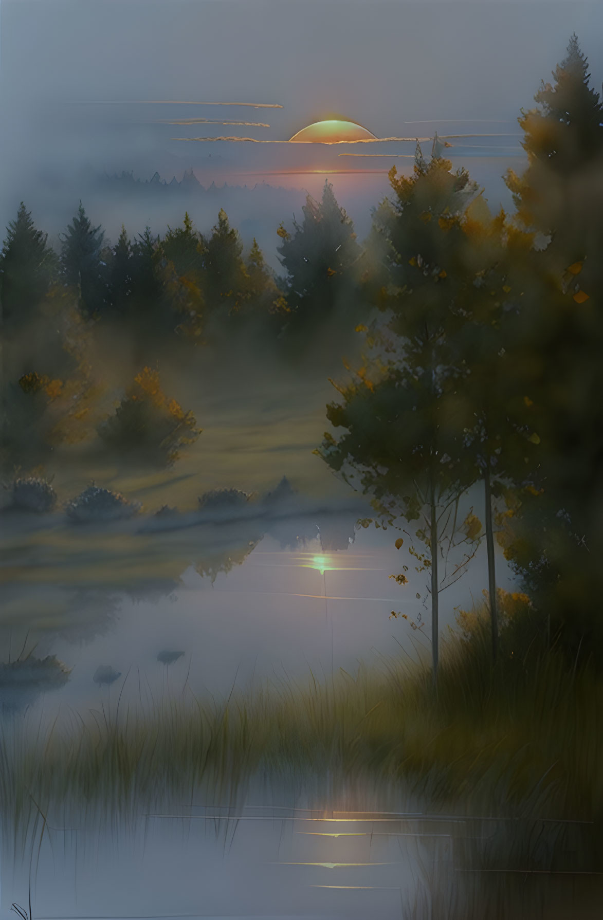 Tranquil sunset scene over misty forest and calm lake