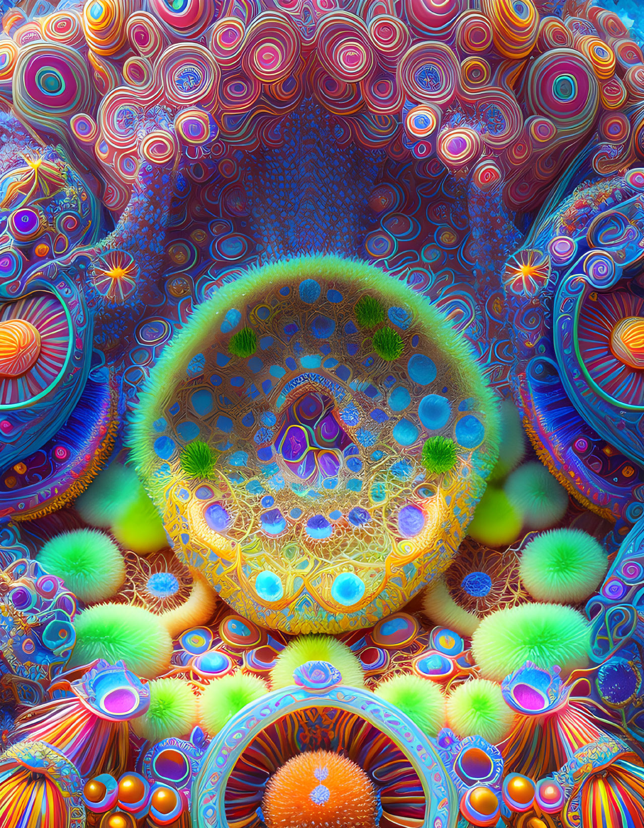 Colorful Fractal Image with Circular Patterns and Peacock Feather Motif