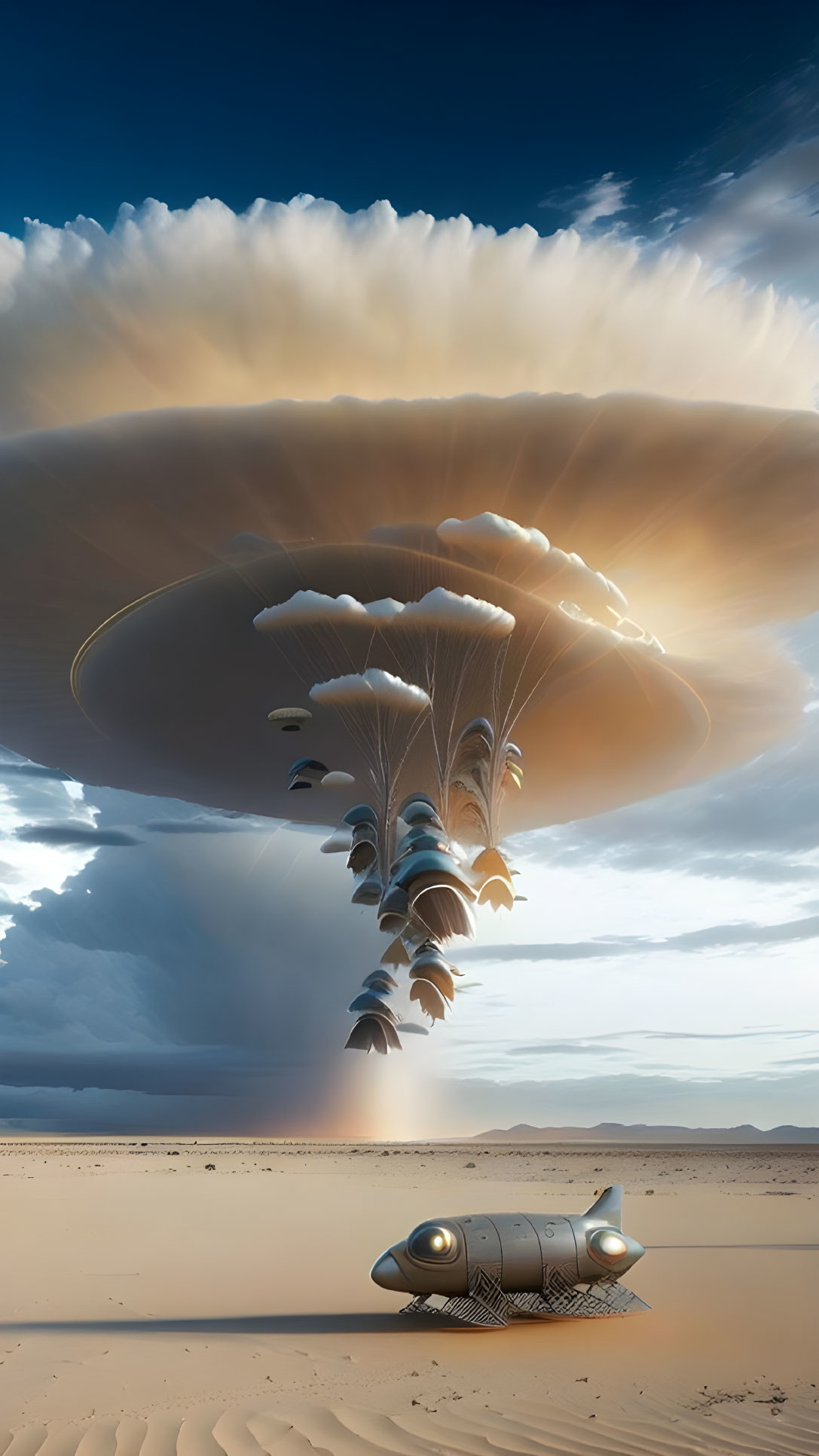 Futuristic spacecraft landing in desert under dramatic sky.