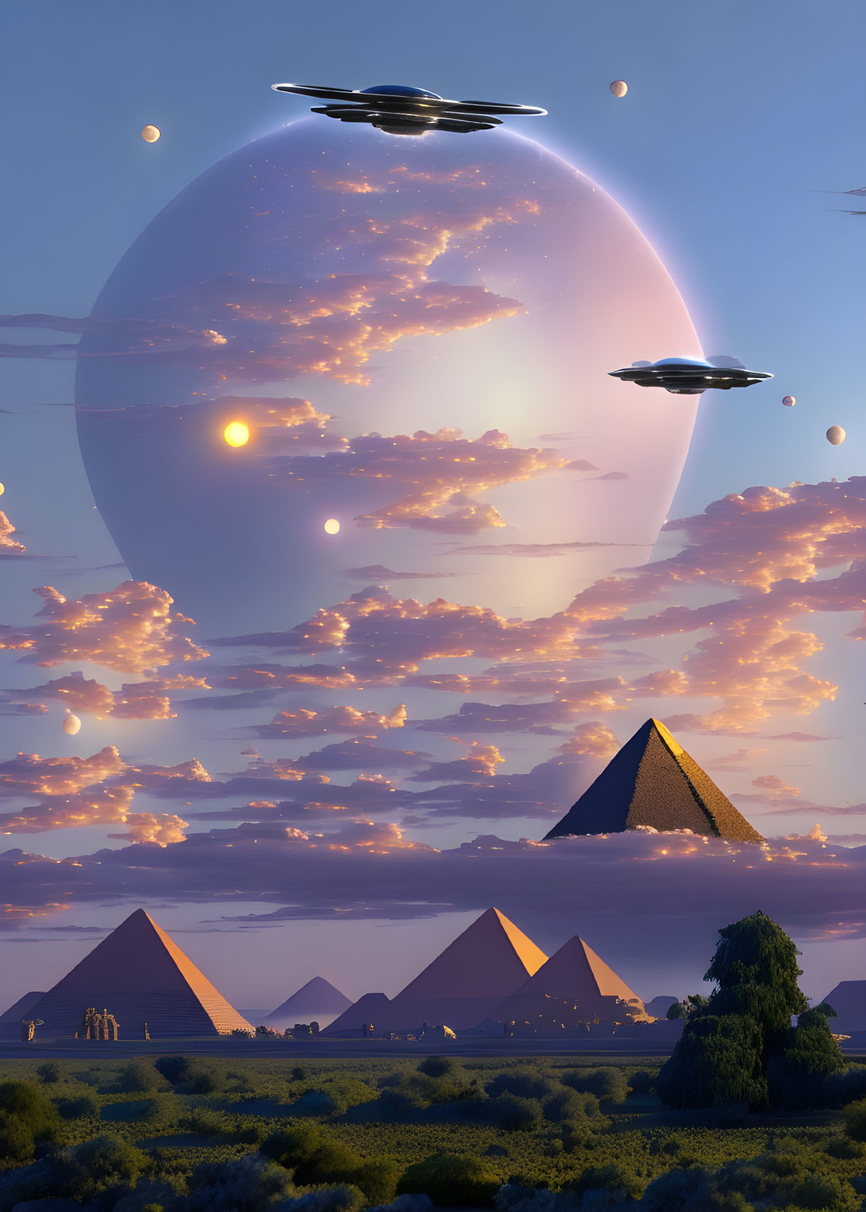 Surreal landscape with pyramids, giant planet, and flying saucers at sunset