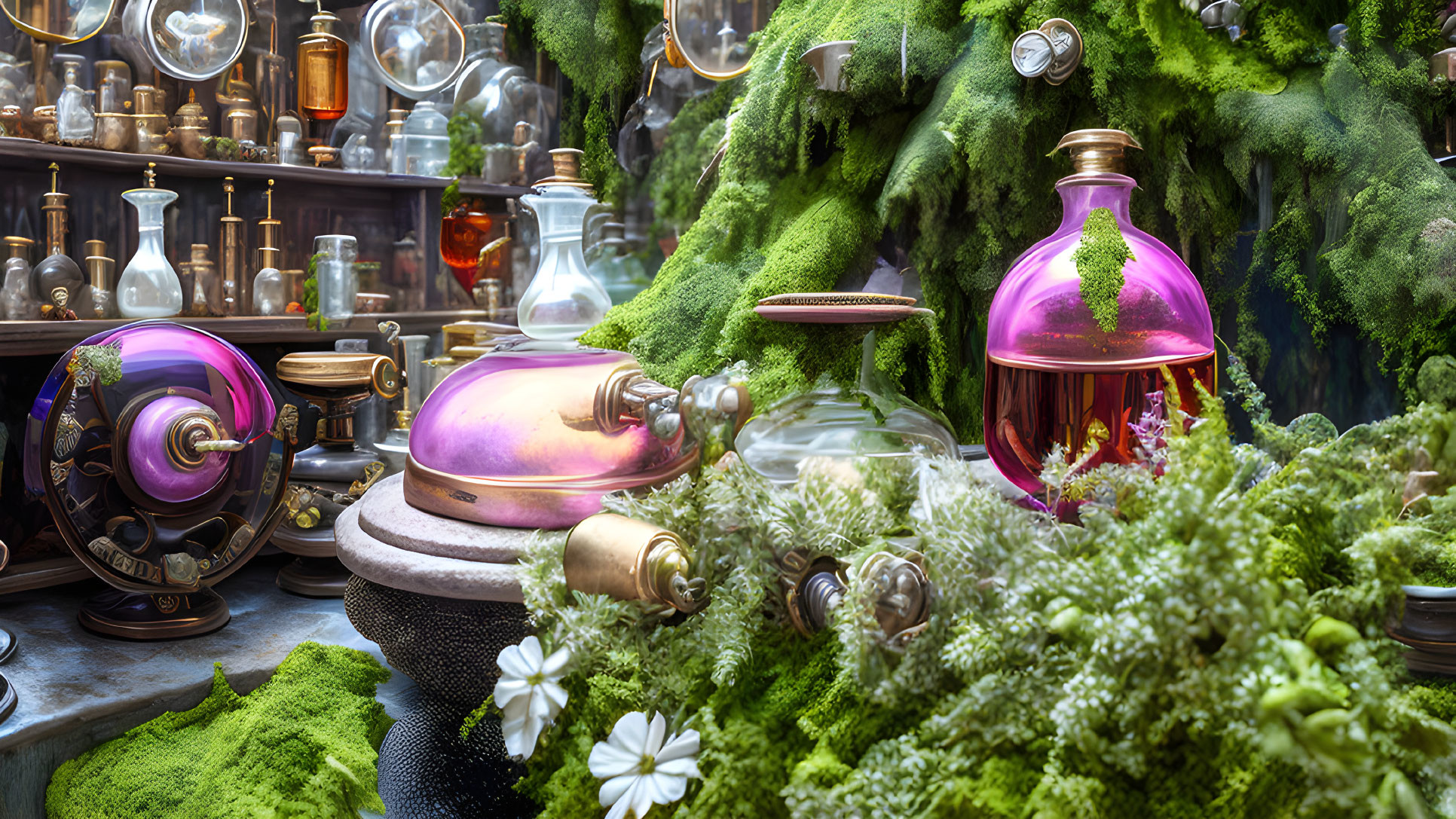 Colorful Potion Bottles in Enchanting Apothecary Setup