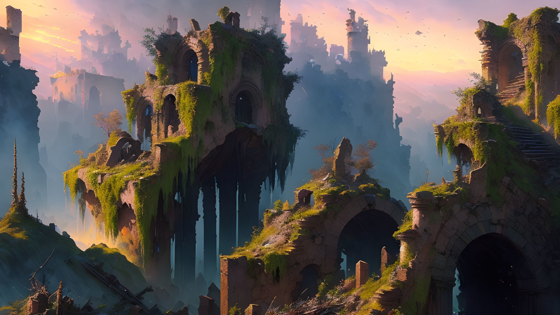 Fantasy landscape with floating ancient ruins in golden-hour sky