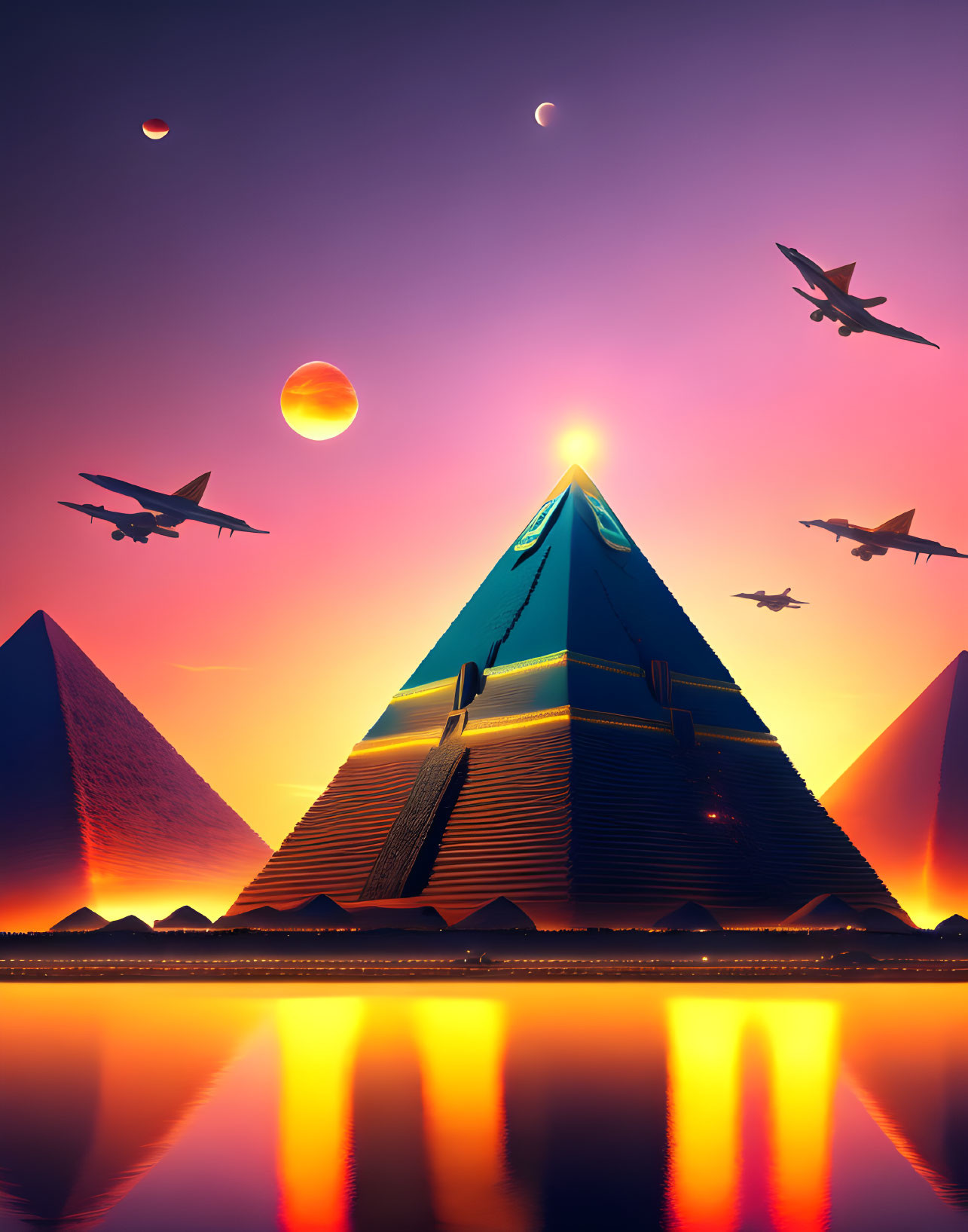 Surreal scene: pyramids, glowing pinnacle, twilight sky, moons, planes, water reflection