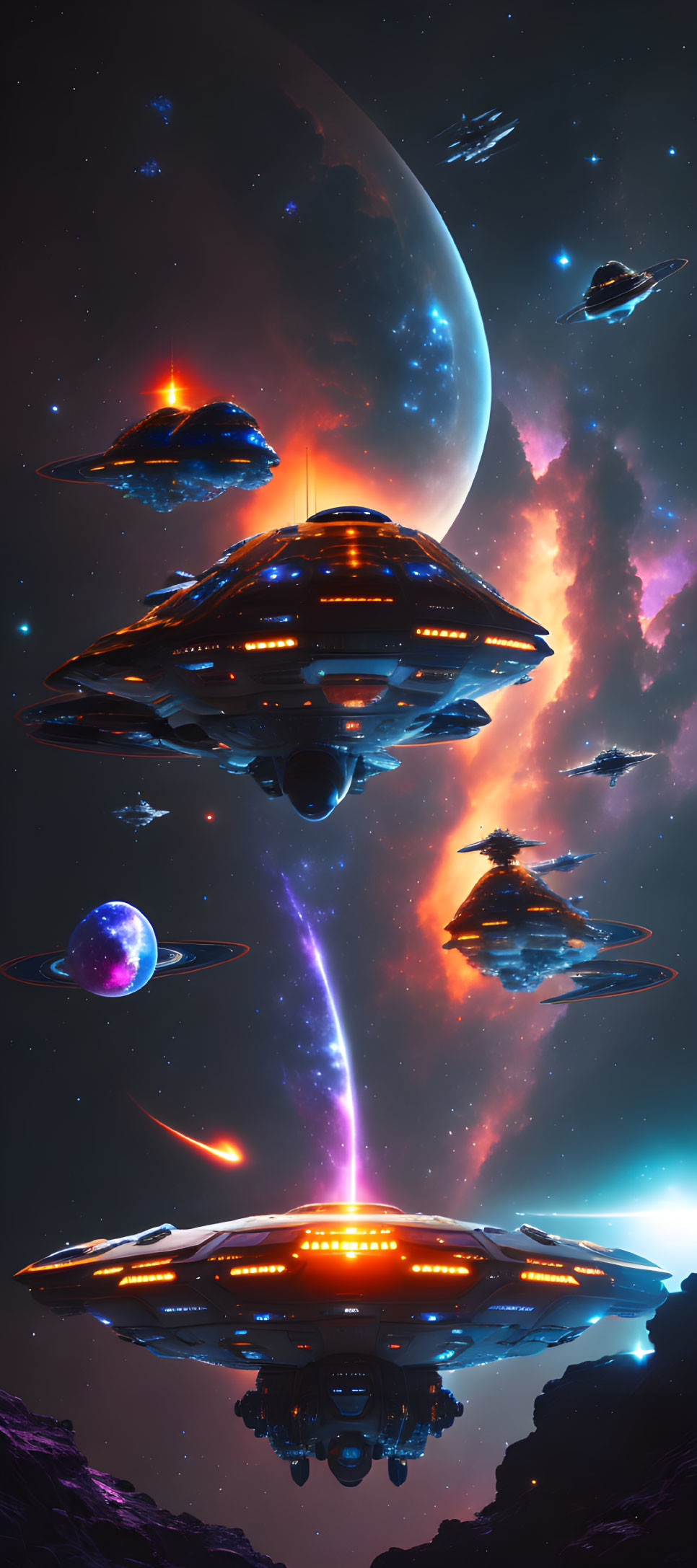 Futuristic spaceships in vibrant cosmic scene