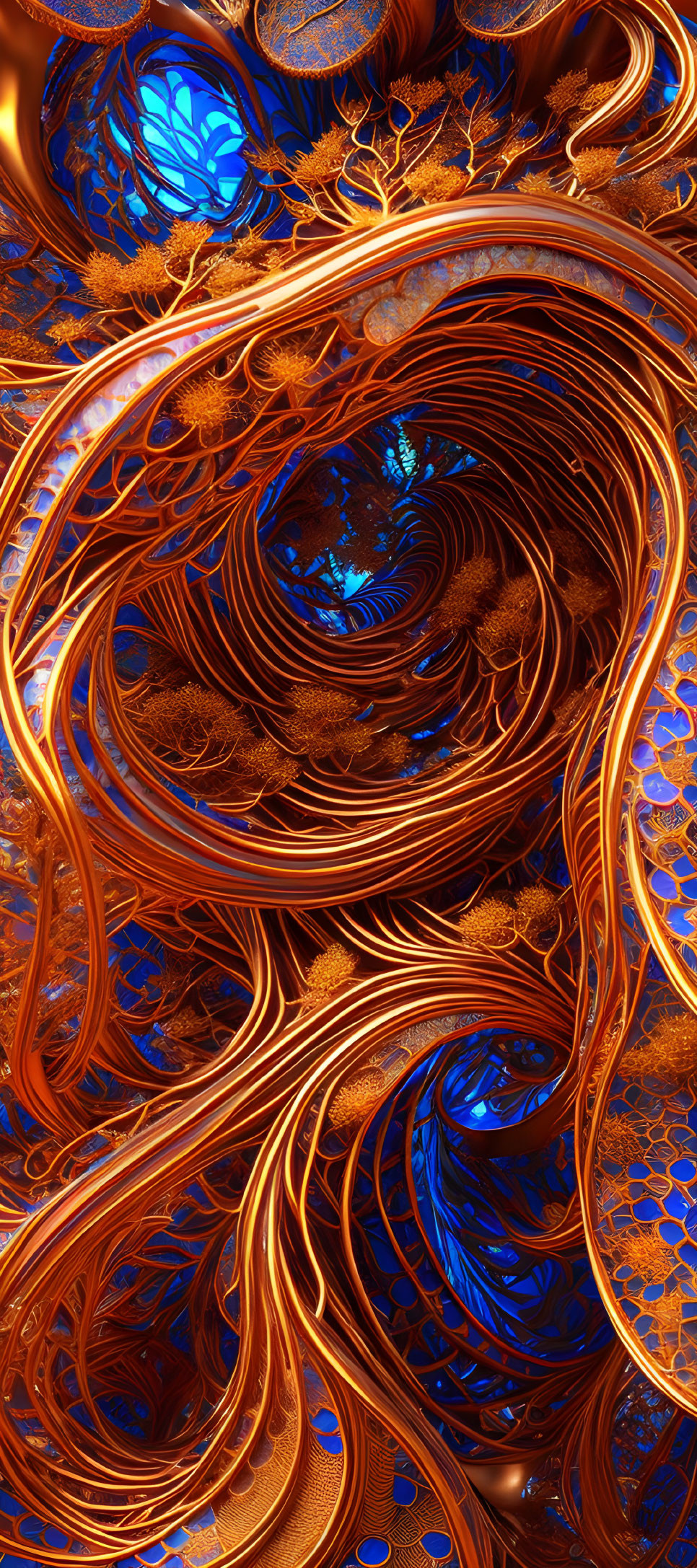 Intricate Fractal Design: Swirling Blue and Orange Patterns