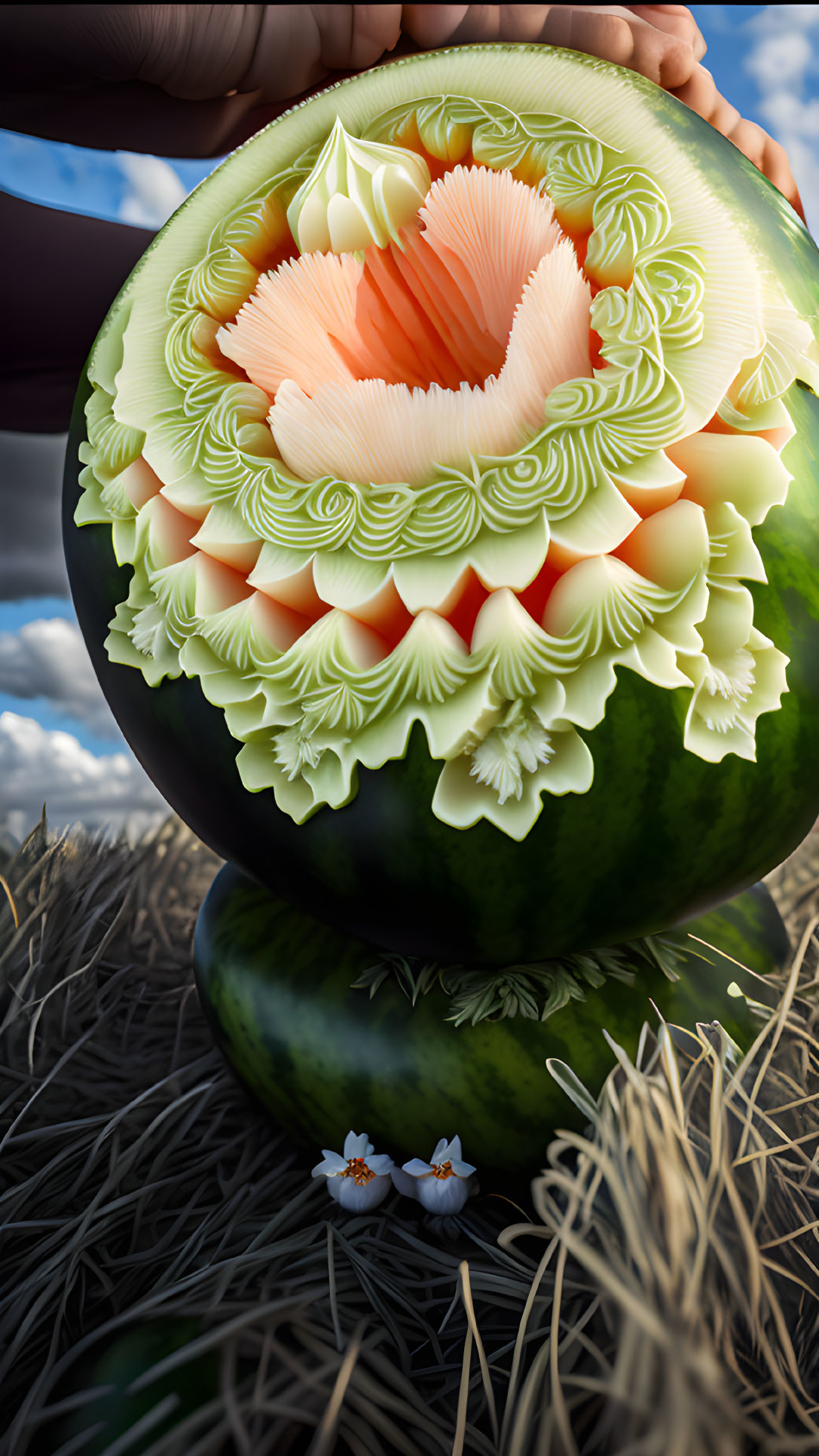 Person holding intricately carved floral watermelon against cloudy sky with flowers nearby