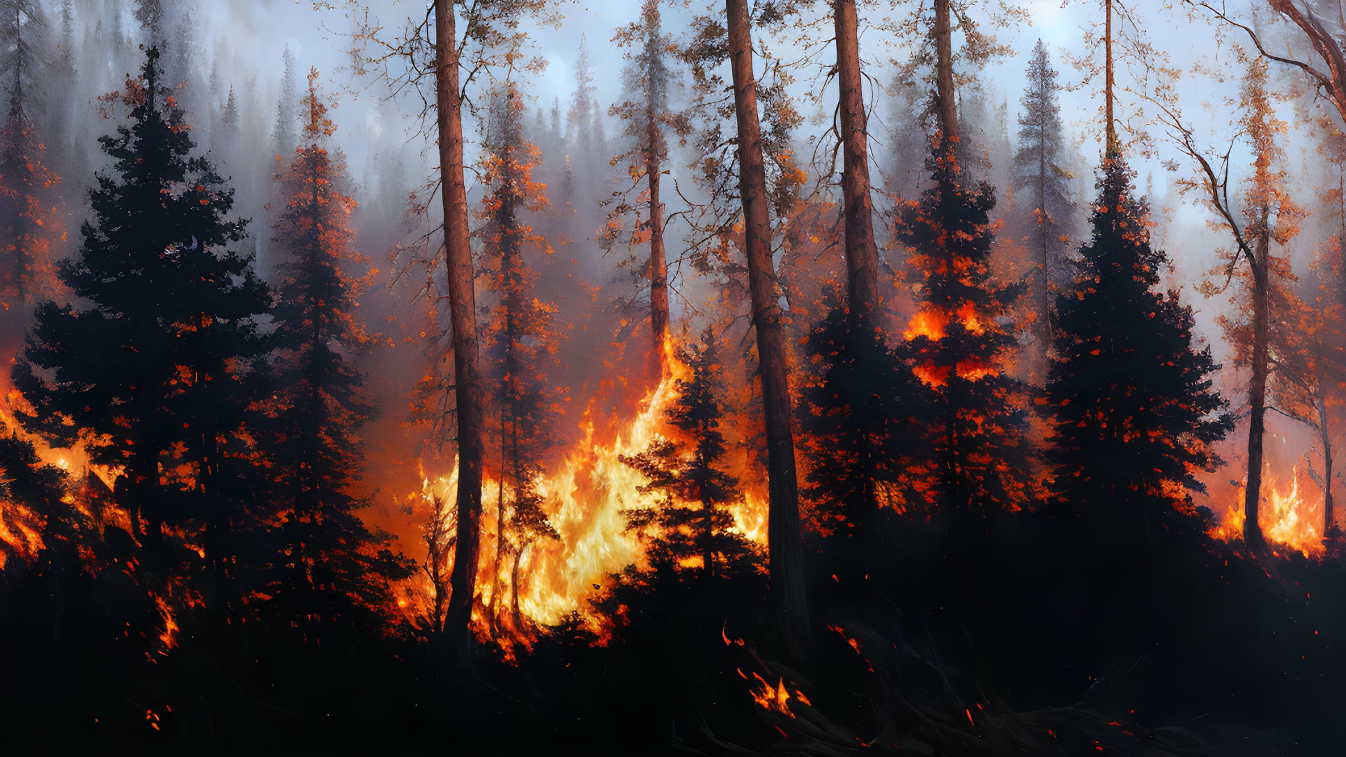 Intense forest fire consumes trees in dark, smoky scene