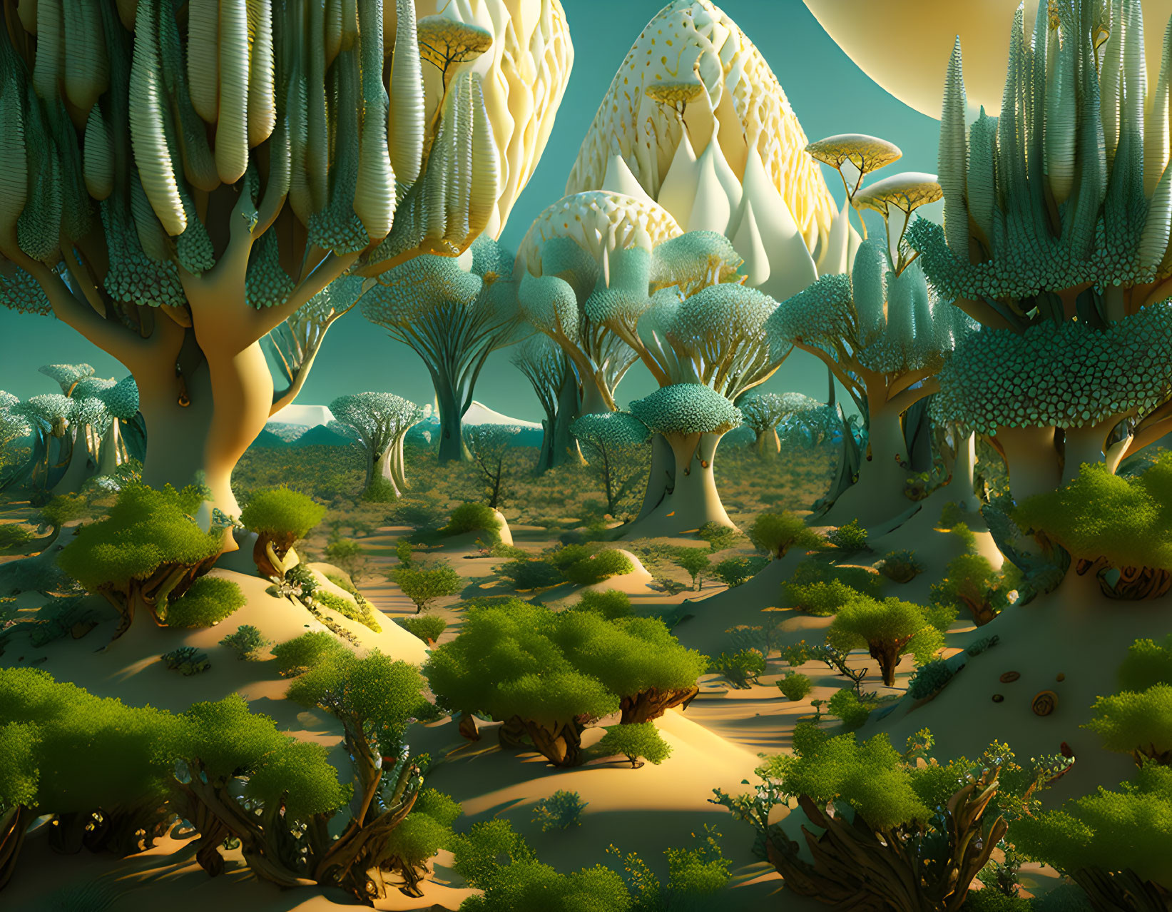 Fantastical landscape with oversized mushroom-like trees and lush green underbrush