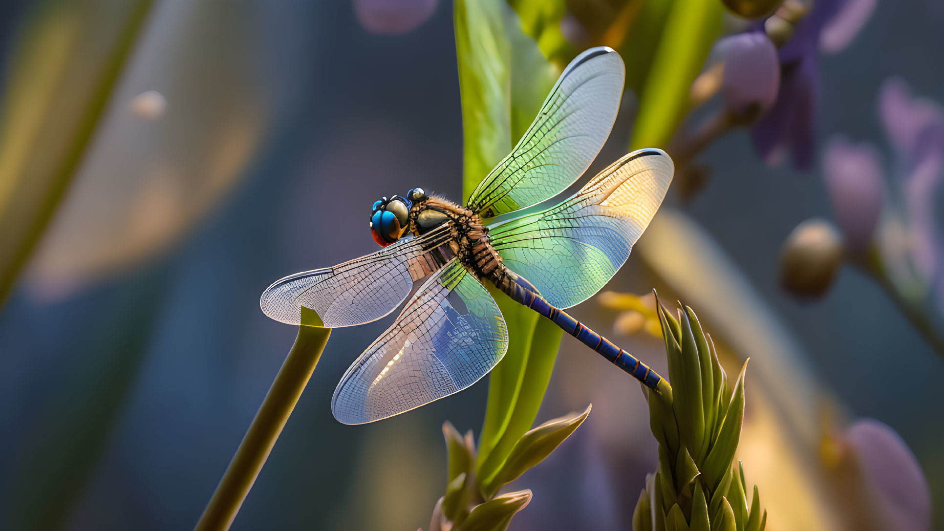 Iridescent dragonfly on green foliage with blue and golden backdrop