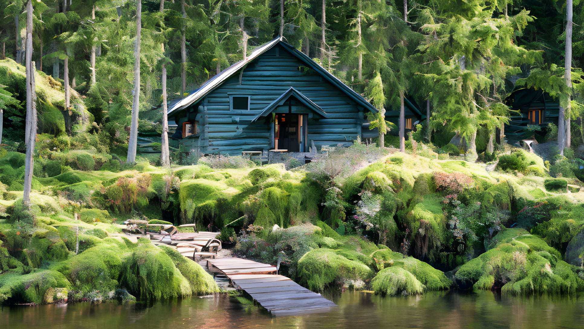 Secluded Blue Cabin in Lush Greenery with Wooden Bridge