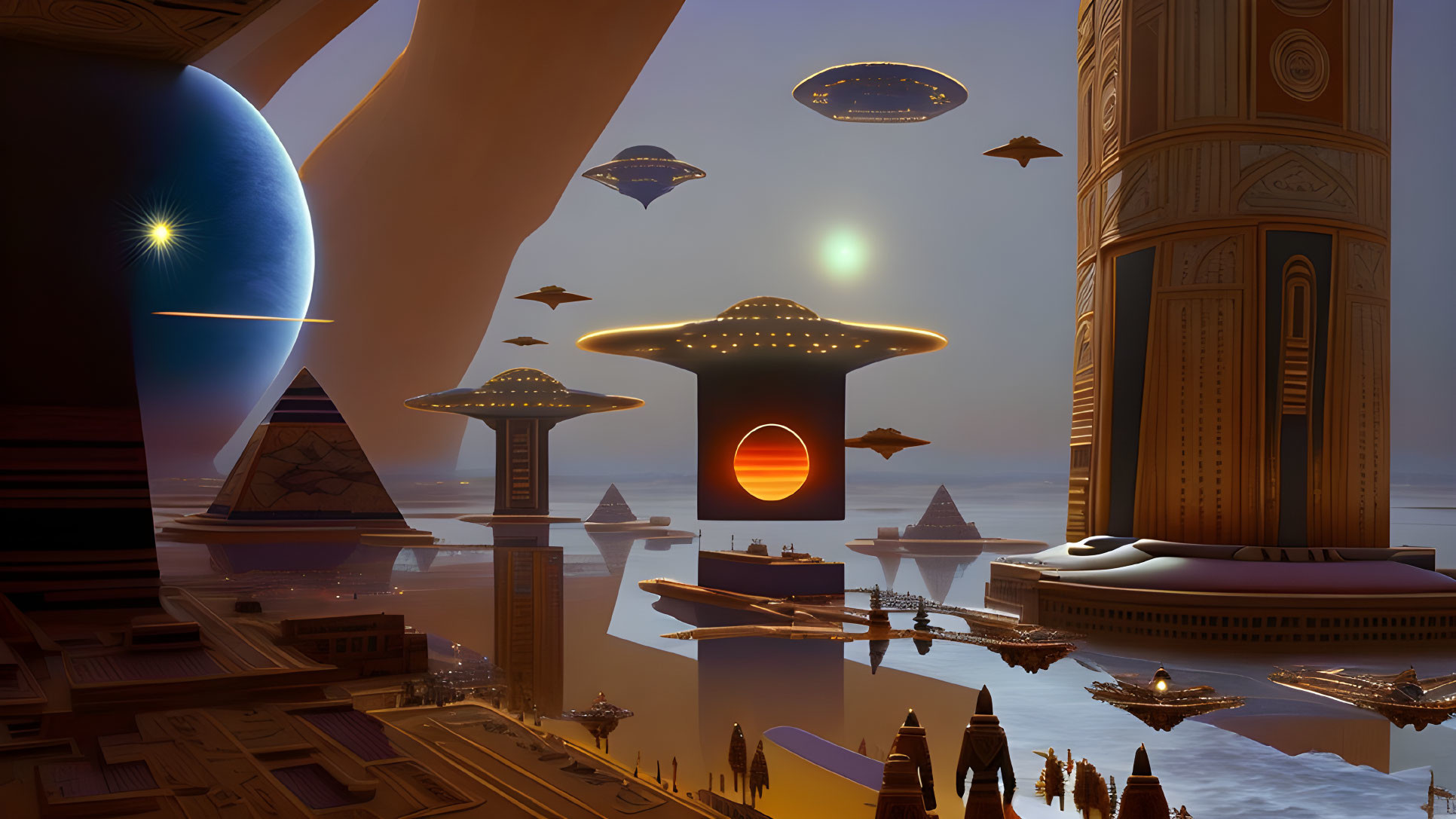 Futuristic cityscape with pyramids, towers, and flying saucers under an alien sky