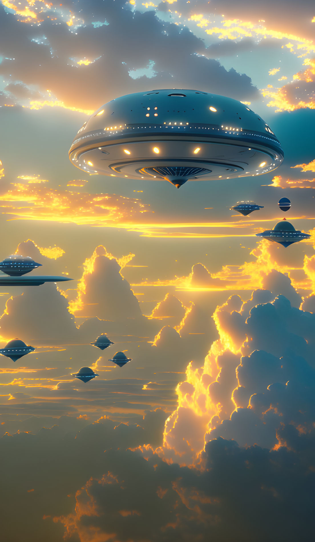 Alien spacecrafts in sky at sunset with sunlight rays.