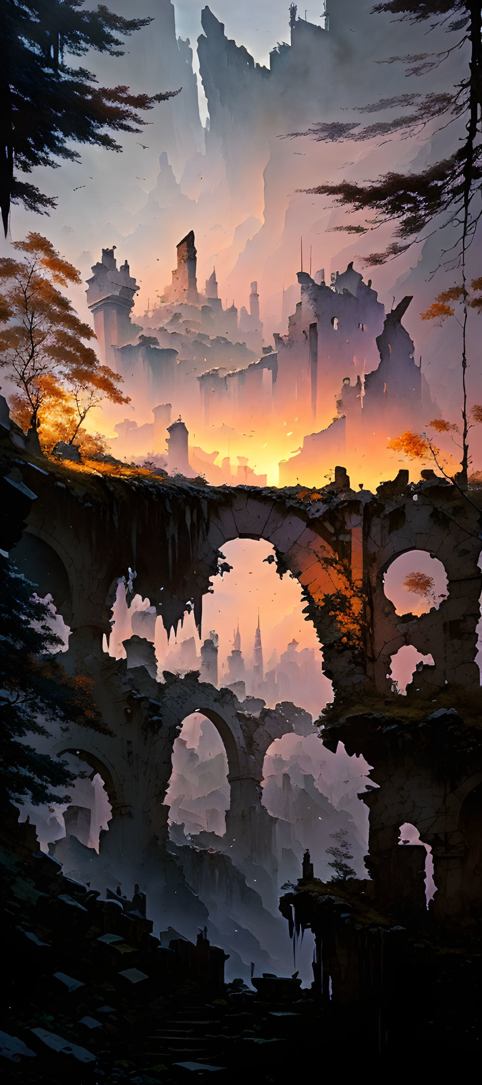 Gothic ruins and arches in fantastical sunset landscape