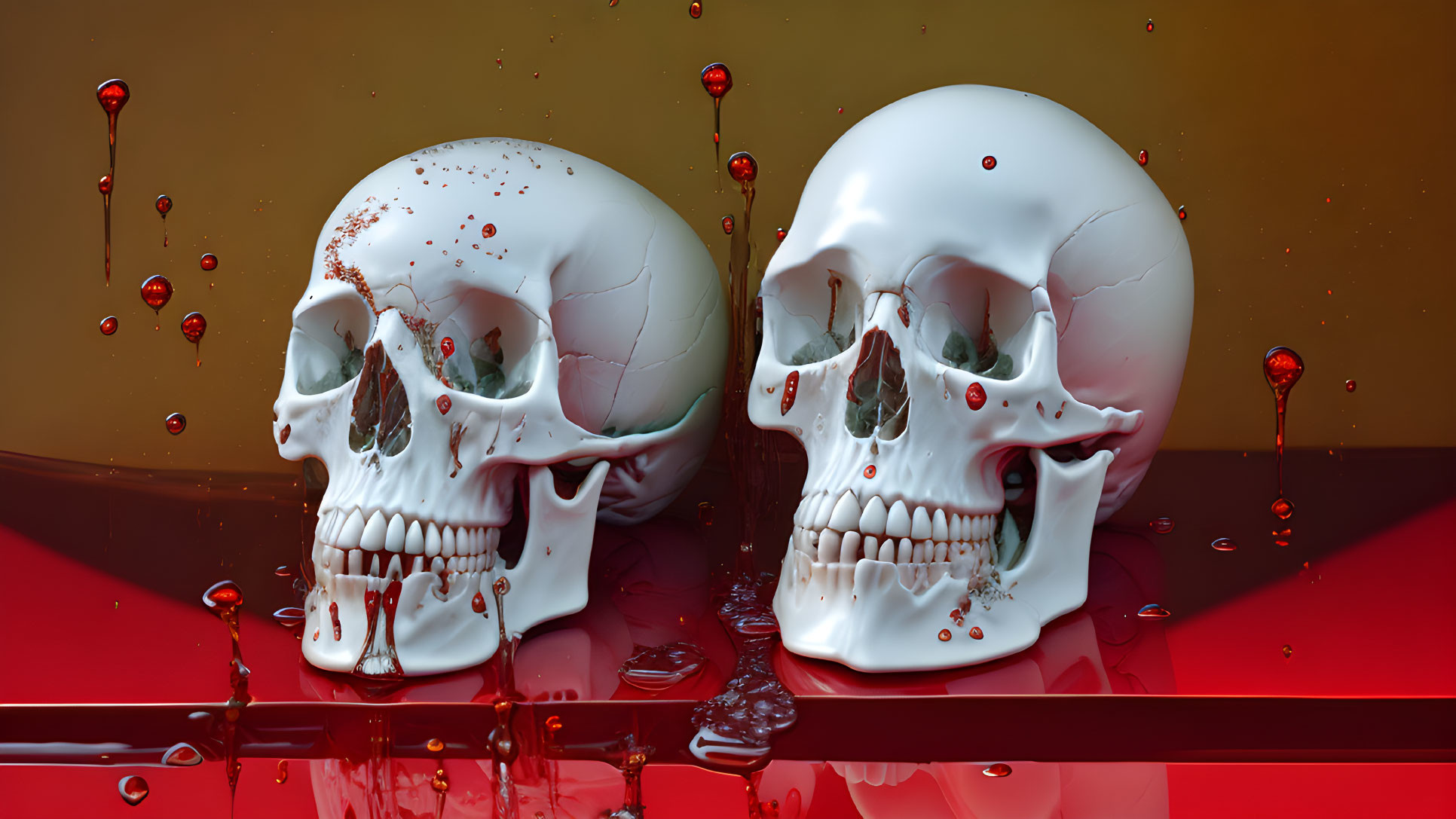 Glossy skulls in red liquid with suspended droplets