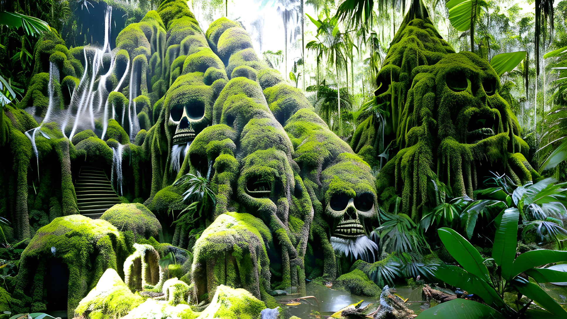 Surreal forest scene with moss-covered skull-like rock formations