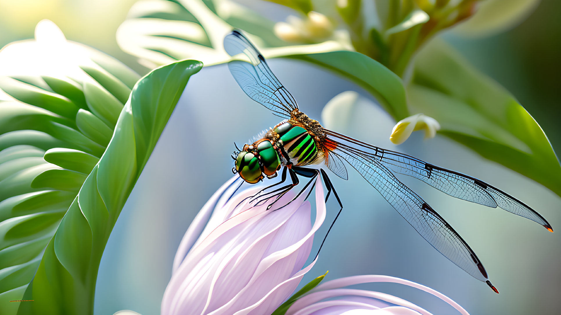 Colorful dragonfly on pink flower with green eyes and striped body in soft-focused foliage