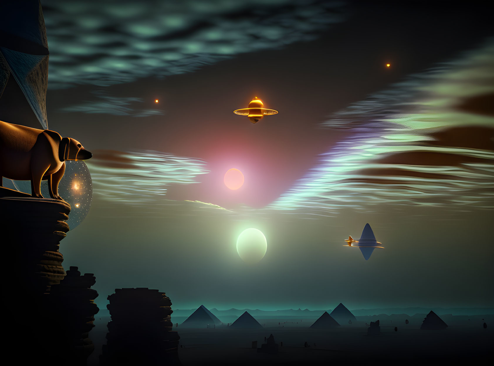 Surreal landscape with pyramids, person, flying saucers, and colorful celestial beams