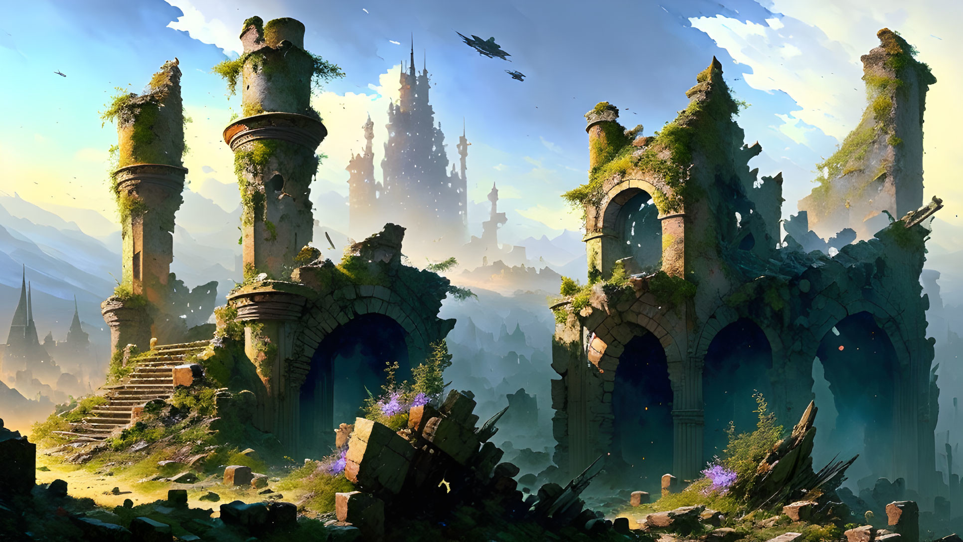 Ancient stone ruins with archways and columns in a futuristic landscape.