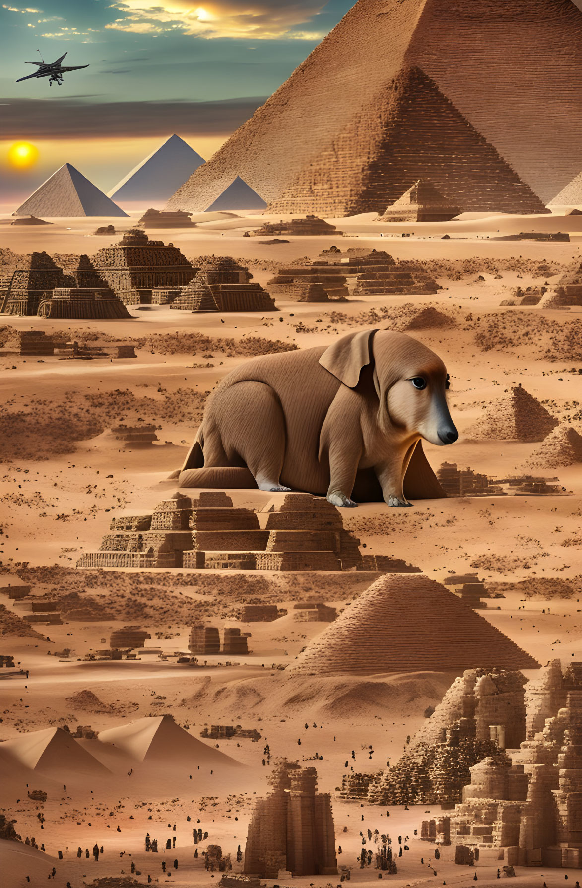 Giant dog in surreal desert landscape with pyramids and helicopter