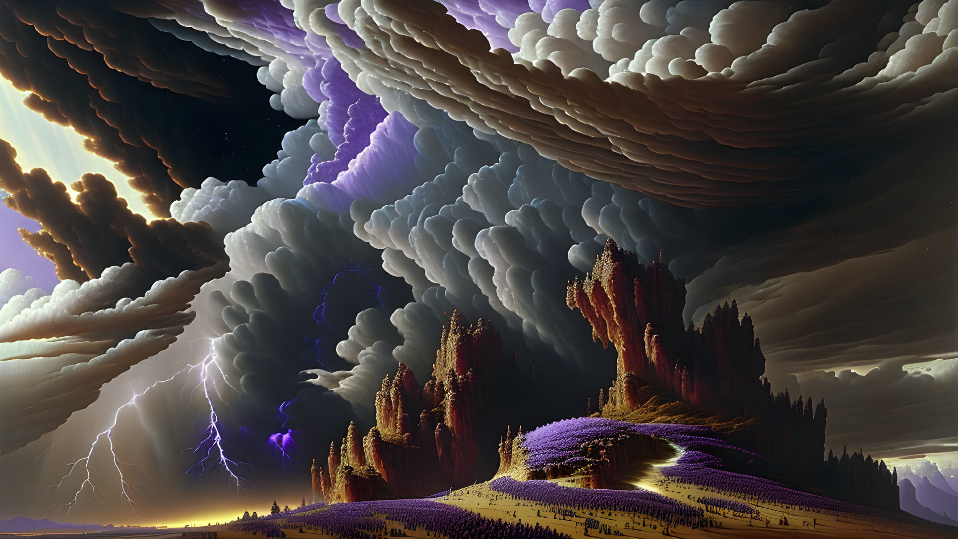 Dramatic landscape with purple mountains and stormy sky