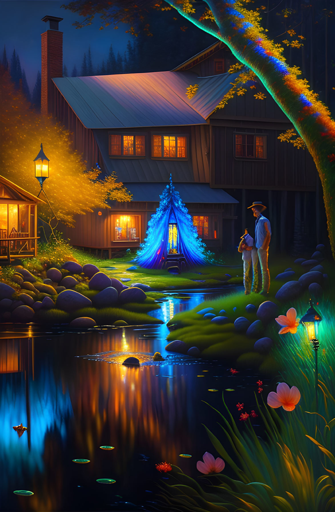 Luminous blue tree and man by creek near cozy house in nature scene