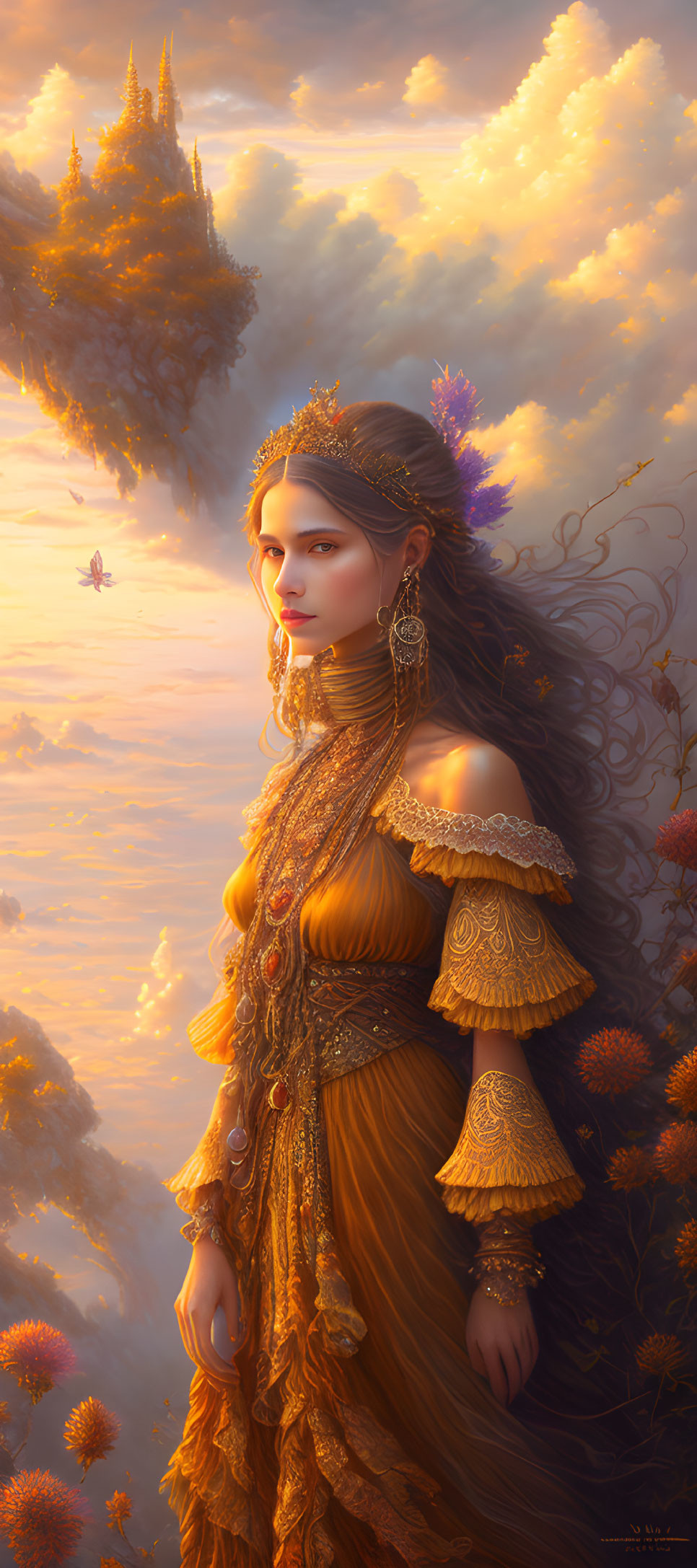 Regal woman in golden dress with intricate jewelry against dreamy sky