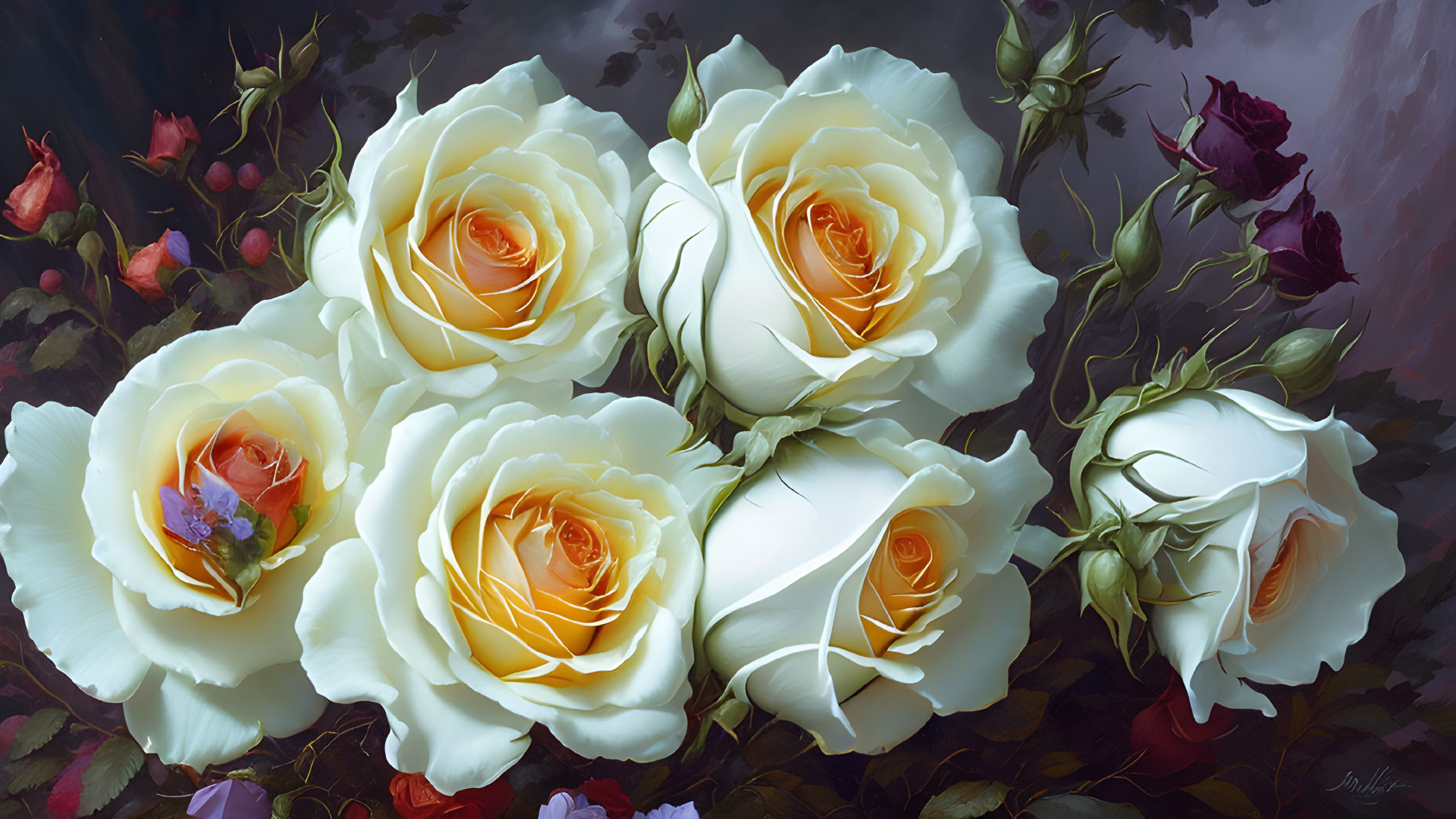 Close-up of White and Yellow Roses with Dewdrops and Green Foliage