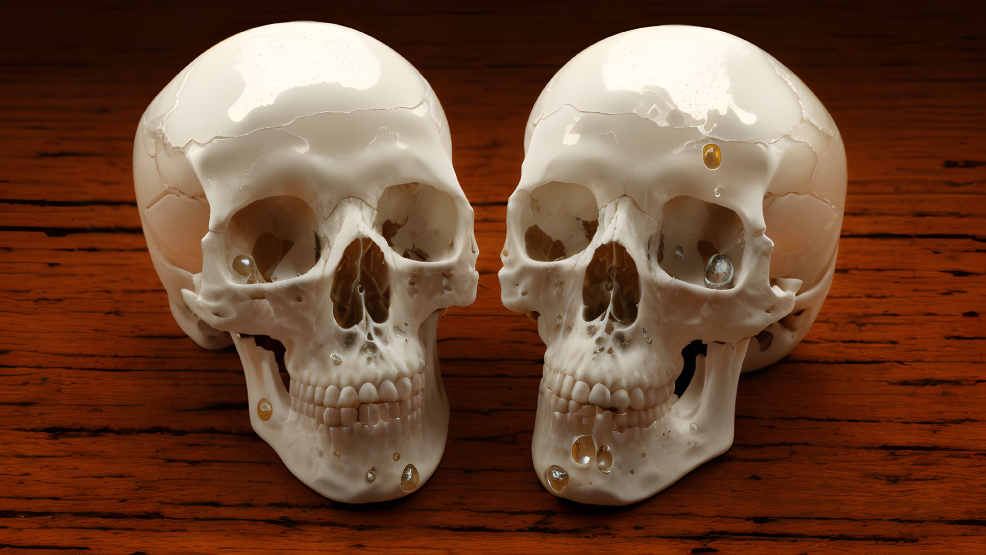 Symmetrical human skulls with water droplets on wooden surface