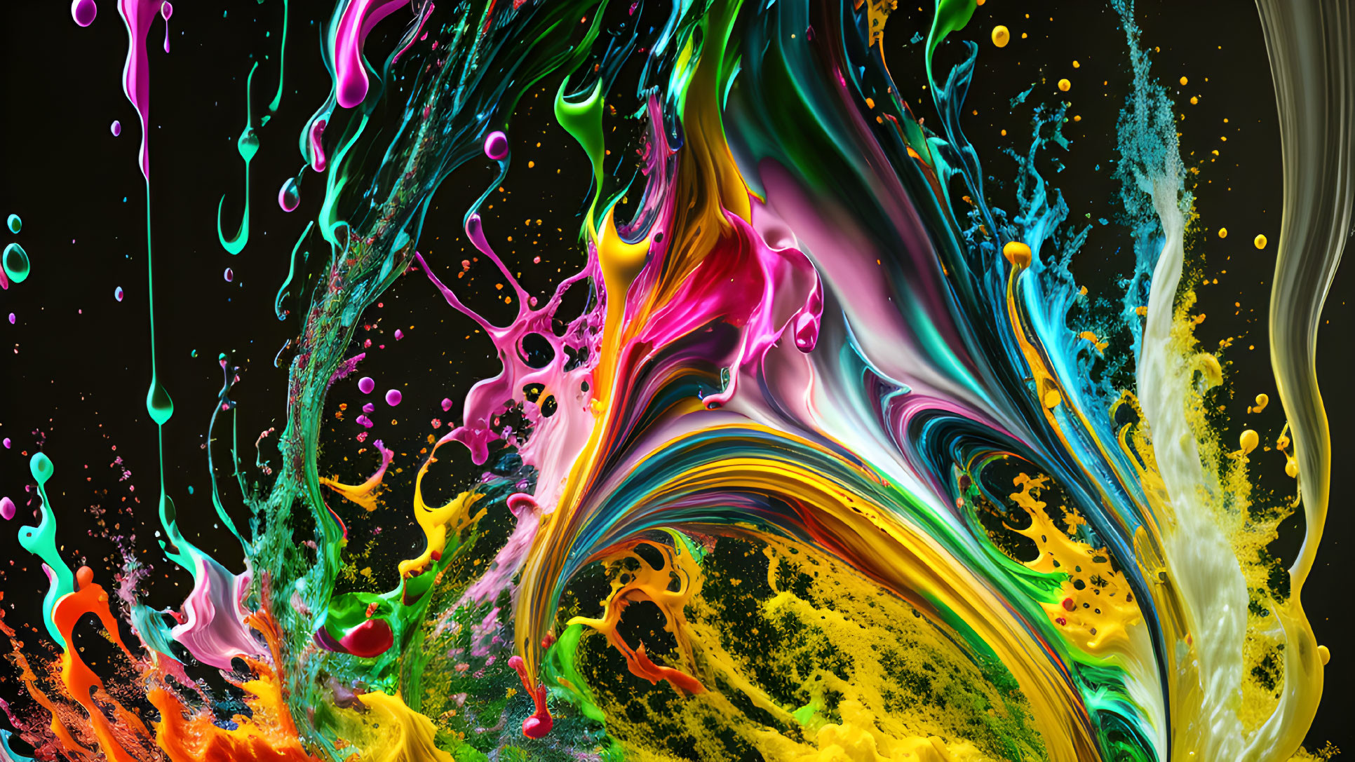 Multicolored paint swirls on black background