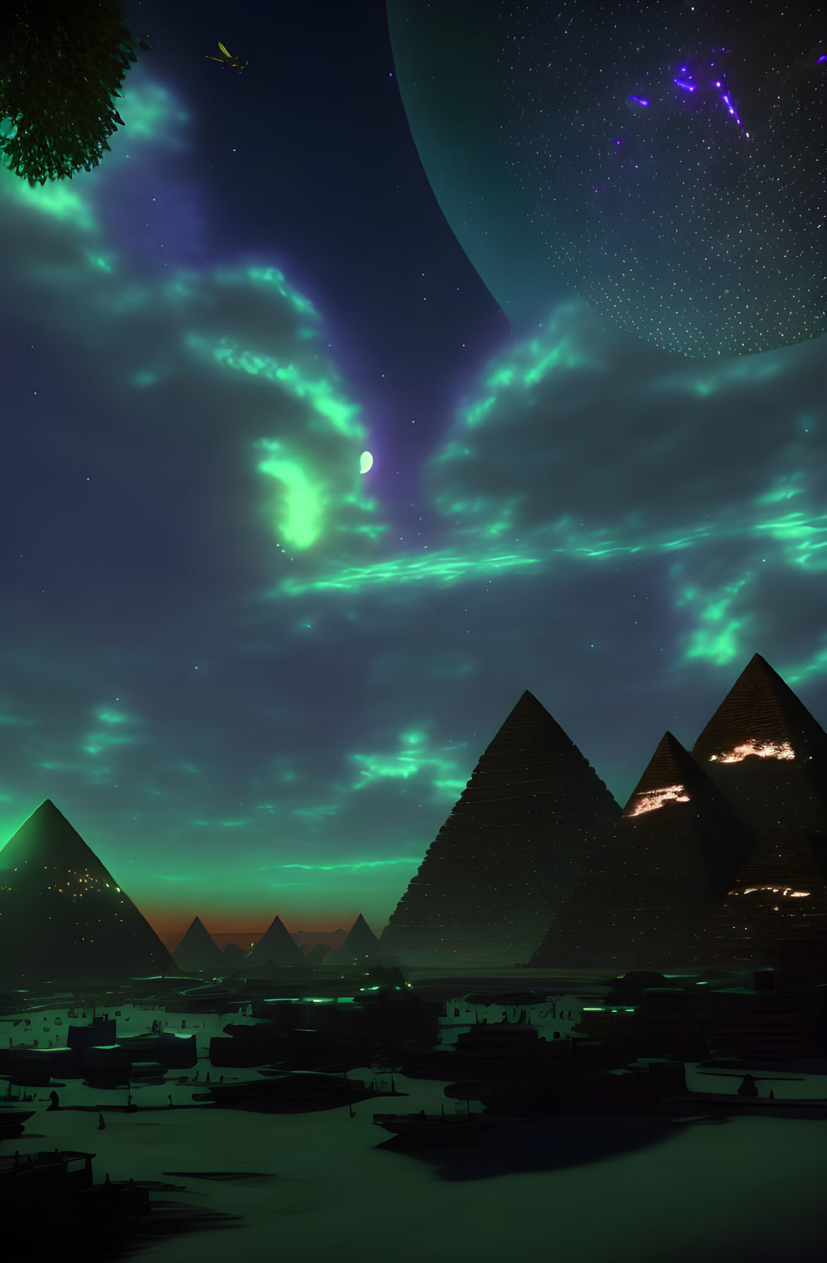 Nighttime scene with illuminated pyramids under starry sky, large planet, and nebulae.